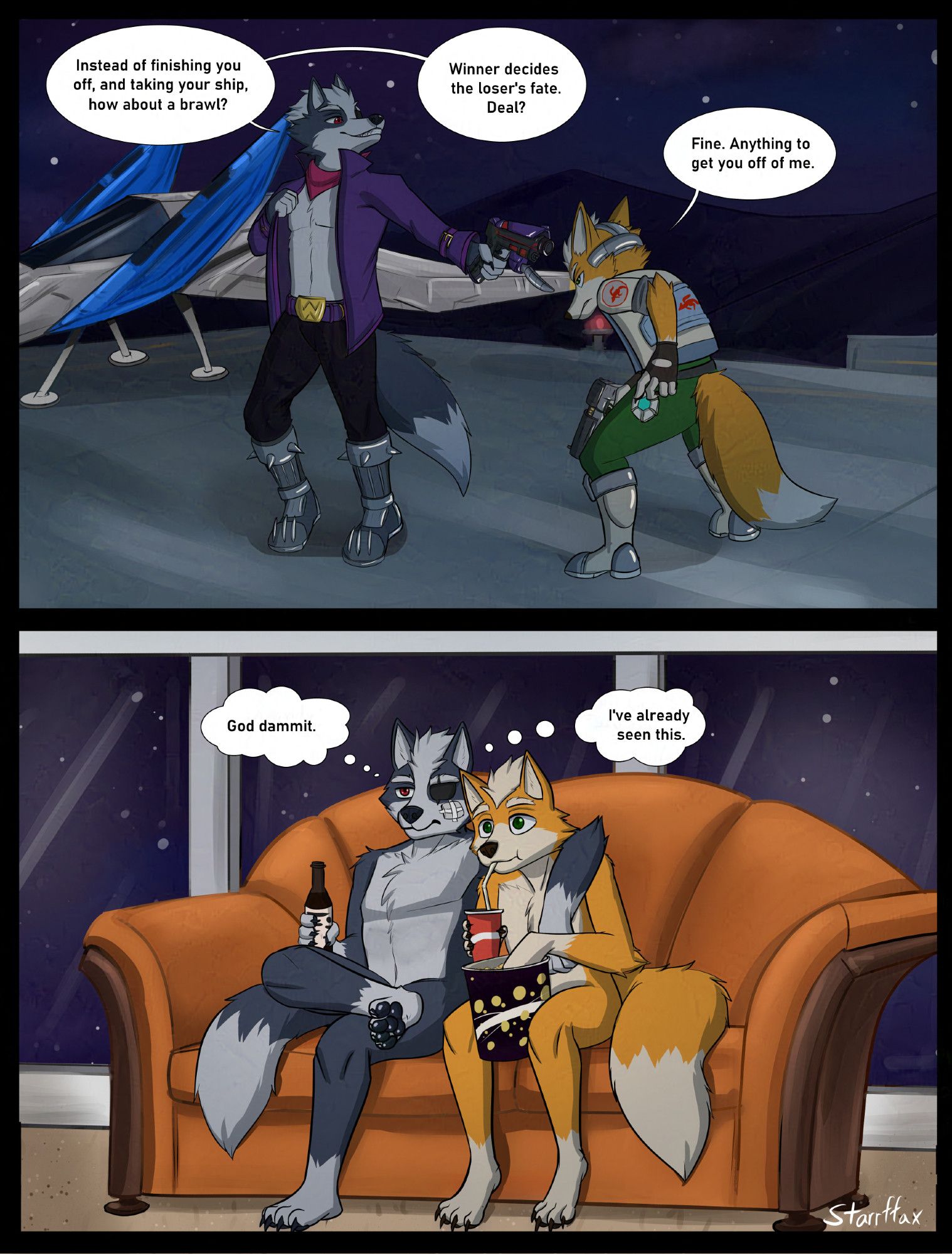 Fox McCloud and Wolf O'Donnell have a standoff bet, with Wolf pointing a gun at Fox.  Winner gets to decide the twos fate.  Wolf has a cocky smile and fox a sneer. Next shot is the two on the couch.  Fox has a popcorn and soda and wolf has a beer.