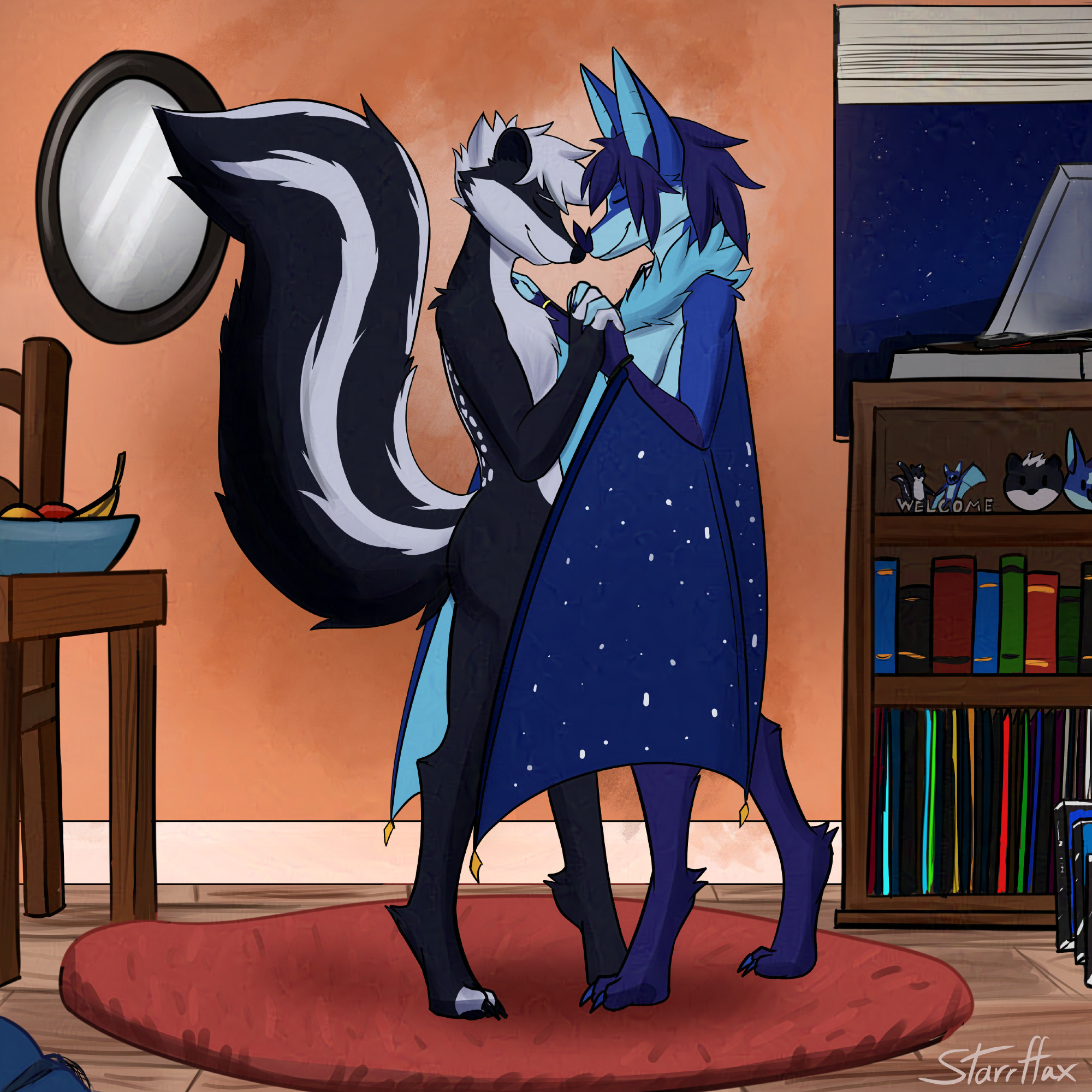 bat and skunk dancing in a living room while holding each other with closed eyes.