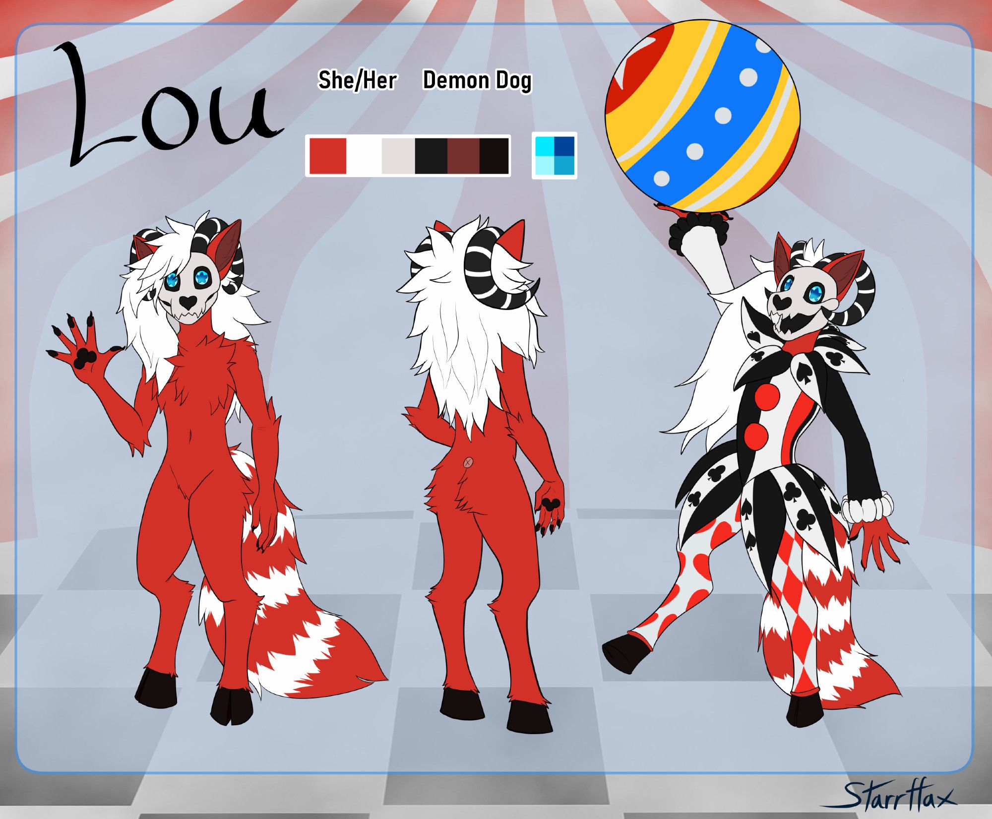 Skulldog doggy dog lady demon refsheet. She has red fur, white hair, HORNS and a jester outfit cause she's funny. Paw hands, and hooves.