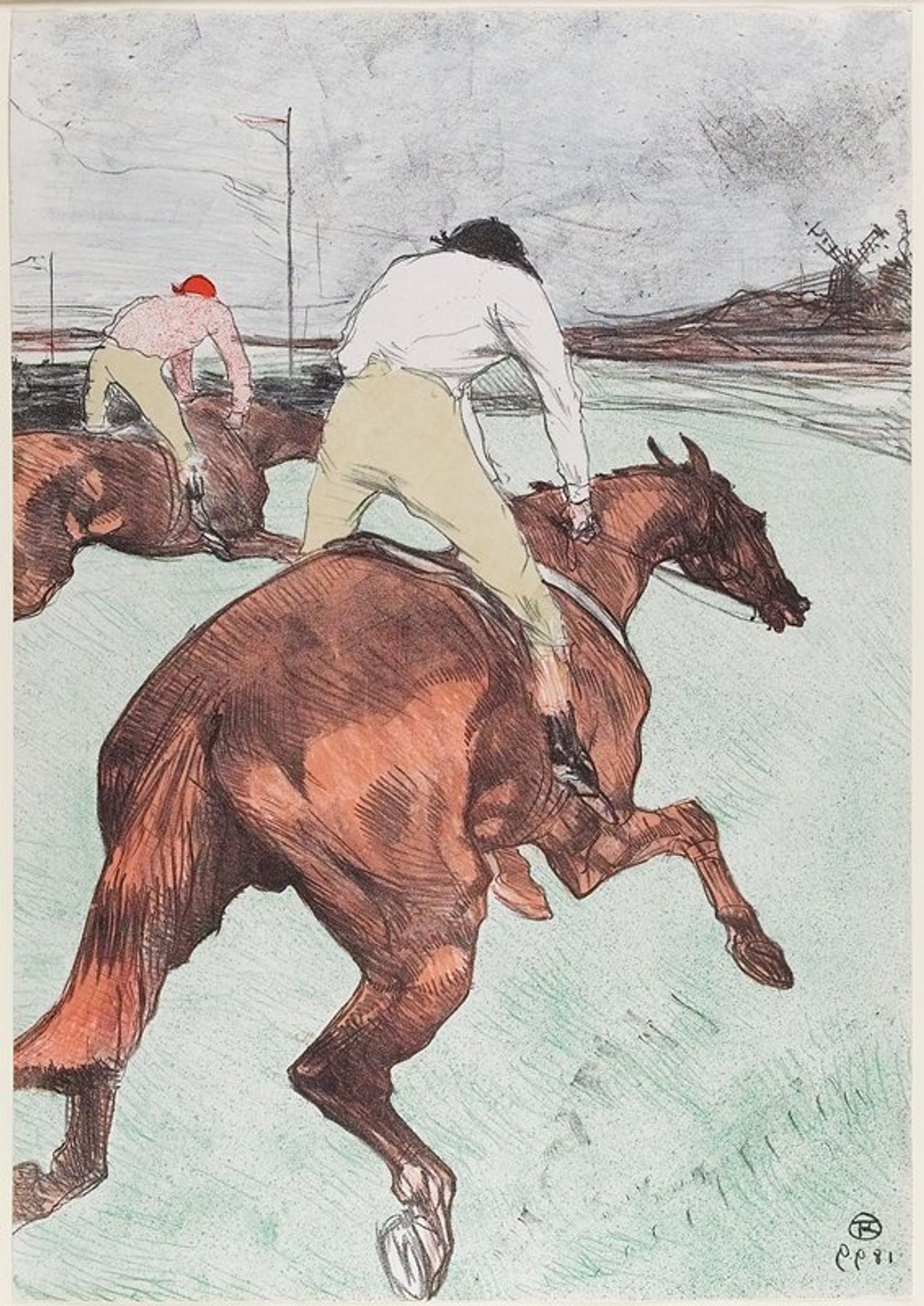 two red-brown horses in full gallop, seen from back PR side; foreground horse ridden by figure in tan pants, white shirt and black hat; horse at L ridden by figure in tan pants, pink shirt and red hat; windmill at R
As a young artist, Henri de Toulouse-Lautrec enjoyed depicting outdoor scenes, especially those with horses. Later in life, he frequented the racetrack at Longchamp in the Bois de Boulogne, in Paris, identified here by the windmill in the background. In the spring of 1899, during a three-month stay in a psychiatric clinic, he started work on an ambitious series of color lithographs with a racing theme. This print was the only one published before his death two years later, at age 36. Its unconventional vantage point captures the power and energy of the racehorses as they speed toward the finish line.