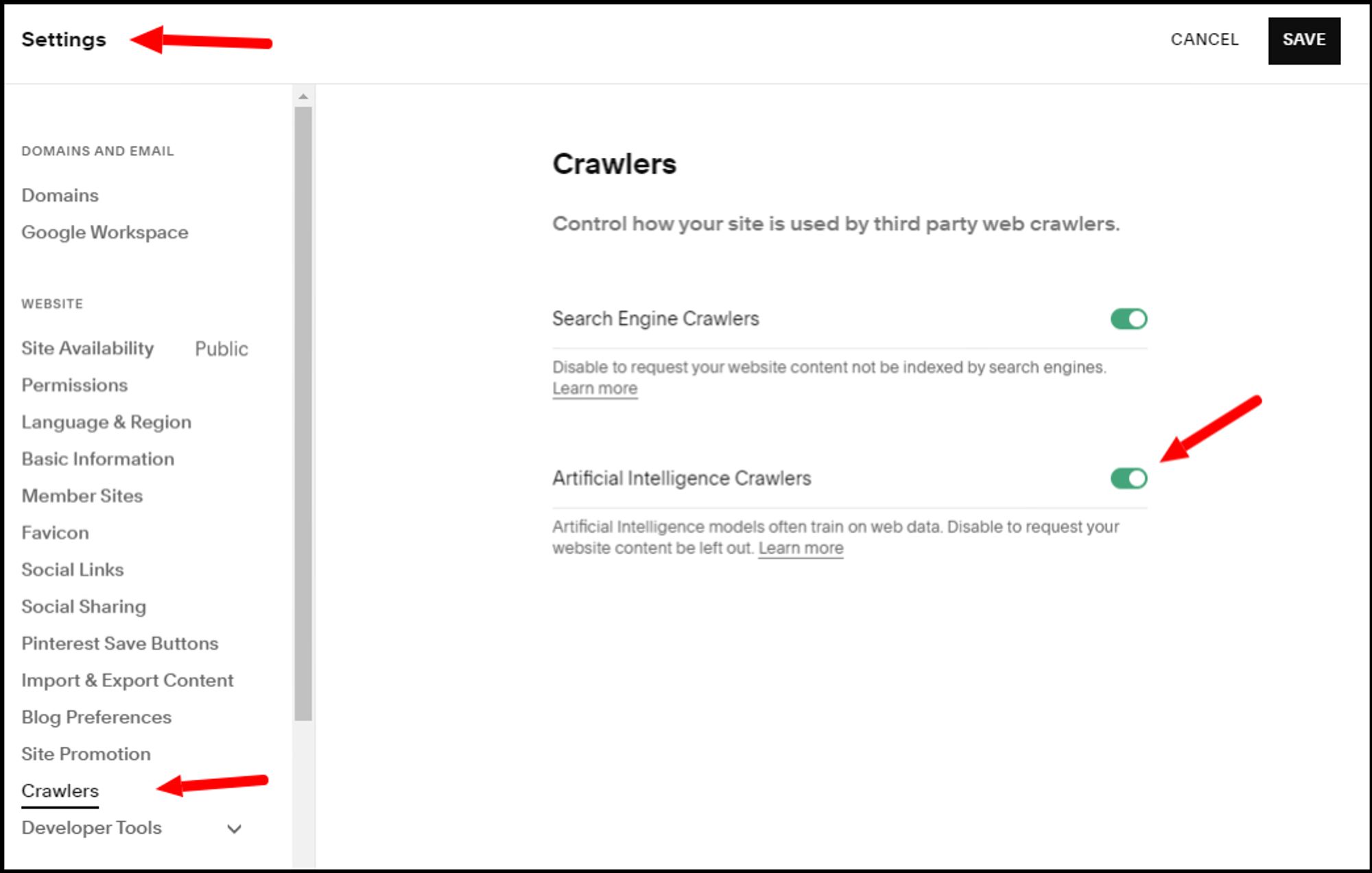 Settings menu, select "Crawlers". 
Text: Crawlers
Control how your site is used by third party web crawlers.
Search Engine Crawlers


Disable to request your website content not be indexed by search engines. Learn more
Artificial Intelligence Crawlers

Artificial Intelligence models often train on web data. Disable to request your website content be left out. Learn more