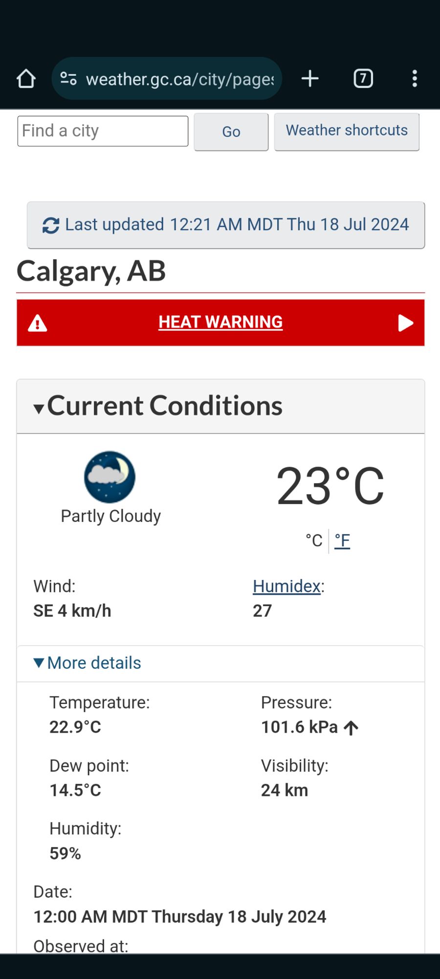 Weather report, showing 23 C at midnight in Calgary.