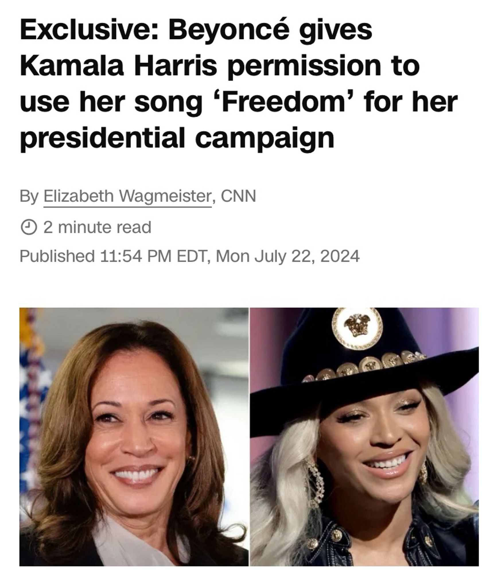 A screenshot of an article headline stating: Exclusive: Beyoncé gives Kamala Harris permission to use her song 'Freedom' for her presidential campaign