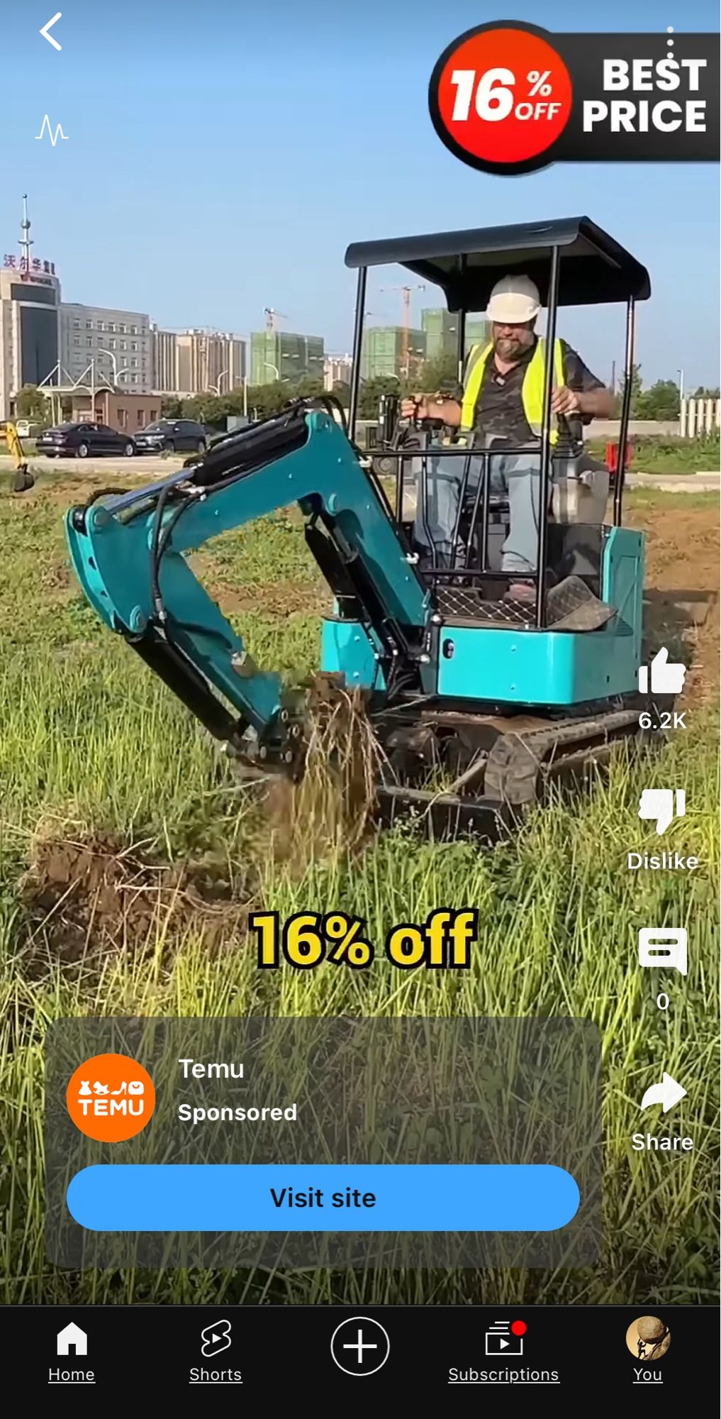 16% off temu excavator ad