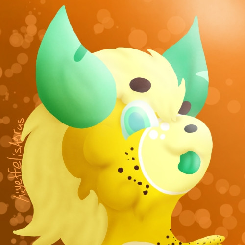 A very yellow character. Reminiscent of a lemon with dark brown dots looking like seeds. They have mane-like hair similar to a horses mane. Almost all of them is some form of yellow except for the brown dots and some green parts. They have what look like either really fluffy antennae or weirdly flat ears that are green. Their tongue is green. Their eyes are green as well, the pupils being just a darker green than the iris Their nose and eyebrows are brown. They have a short snout similar to a cat, but it is hard to discern their actual species from the face.