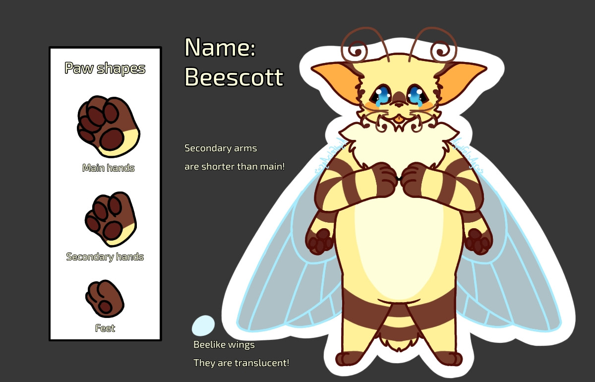 Character looks like a chubby anthropomorphoc honey bee with large wings. The hands and feet are pawbs. The hands are the biggest and the gradually get smaller towards the feet being the smallest. The afce looks more like its a cat with curly whiskers and curly antennae.