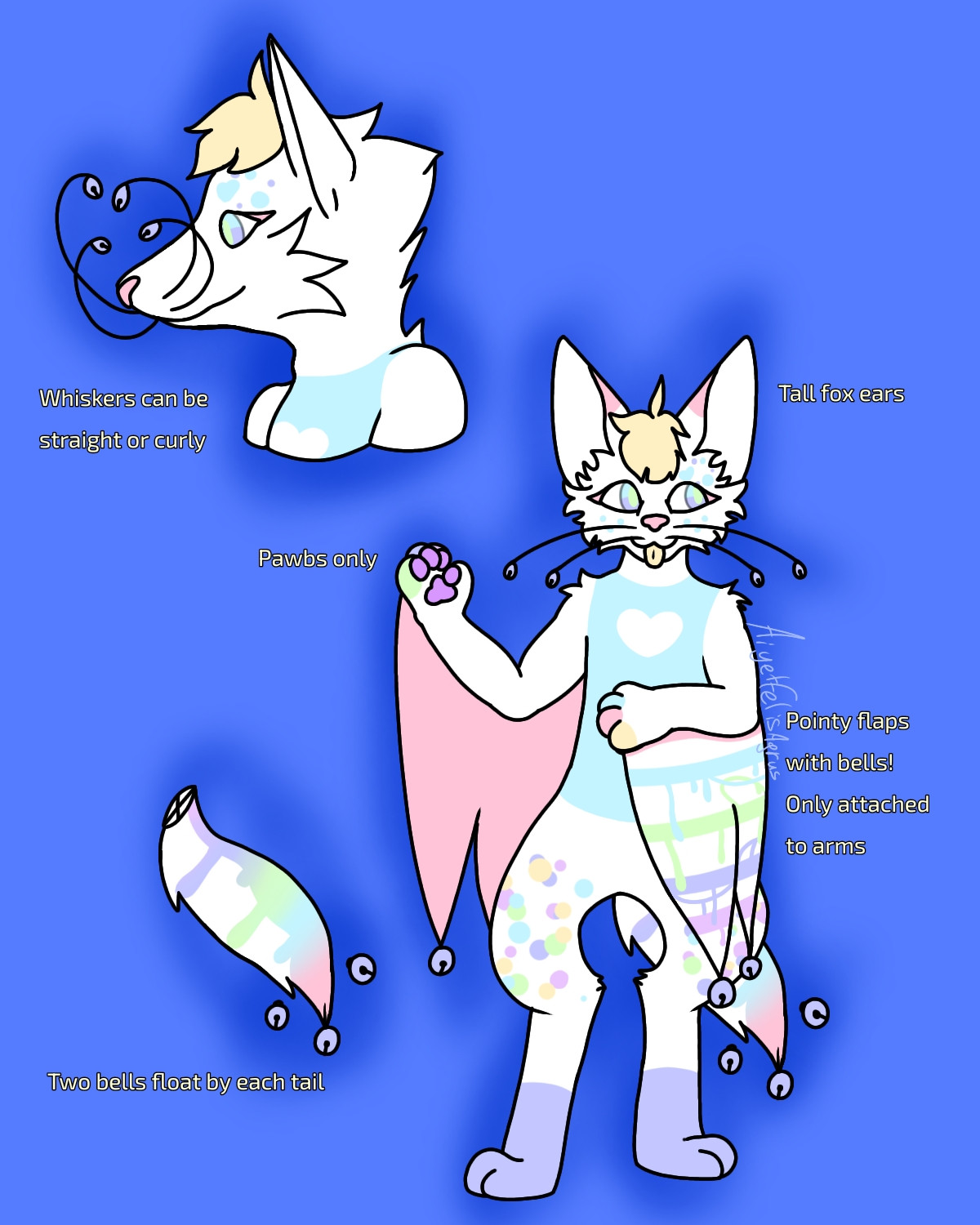 Character appears like an anthropomorphic fox with pointed wing flaps draped down from the arms. the points have bells attached. There are pastel rainbow markings that look like drips on the backside of the flaps. The torso has pastel blue that makes it look as if the character has a blue tank top with a white heart in the center of the chest. The character has a yellow hair tuft on their head. They have long whiskers with little bells on the end. There is also a little bell at the end of the rainbow drippy tail with a couple other bells floating around it. 