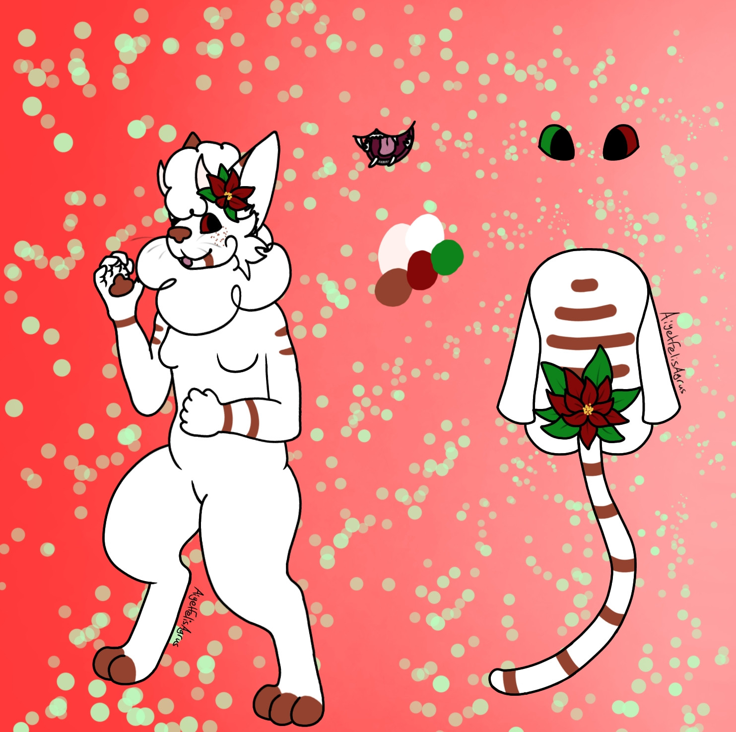 An anthropomorphic cat that is white with various brown stripes and markings. The character is femme presenting and has curly hair and two medium small pointy horns. She has Cuetlaxochitl (queh tlah sho shitleh original name for "poinsettia") growing around the base of her tail and near her ears as if accessories. They are attached. She has a very fluffy mane made of clouds around her neck to match her curly hair. Her eyes are heterochromia red and green the same colors as on the Cuetlaxochitl. 