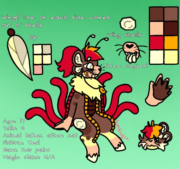 Character's main color is a mid-light brown. Their legs are digigrade style with slightly darker brown spots on the rump. There is a yellow stripe that underlaps the brown spots and then a tan stripe underneath on each leg. The legs end in yellow hooves instead of feet or paws. the characters hands are pointed like claws and are tan with a big pawpad esque pad that is a darker brown than the body. the torso has scales like a dragon tummy from dragontales and smaller scales line the timmy scales that go down to where knees would be if it were plantigrade legs. The tummy scales are a dark brown, the lining scales are orange. Similar scales to the lining scales go down from the shoulder to the wrists on the arms kind of like armor scales. The arm scales afe a maroon color. The character has six thin cat-like tails the same maroon color. They have a super fluffy neck mane and wear a thin string necklace with an orange leaf pendant. The pendant matches a special scale the character has on their cheek. The character has two pairs of very round ears similar to an otter's ears. They have long hair and scruffy bangs they keep in a ponytail. The hair has one half orange one half maroon. Character has a short round snout with a black thin heart shaped scale instead of a nose, that looks like a cartoon cat nose. They have two tall antennae that end in yellow dots. They also have whiskers mimicing a cats whiskers. They have three little protective scales that are light yellow under each eye, and the eyes themselves are yellow. The character does not have pupils. They have what looks like a gem on their rump that is the same light yellow. They also have three yellow tongues.Underneath the gem-like thing are special wings that look like bug wings that are also yellow.