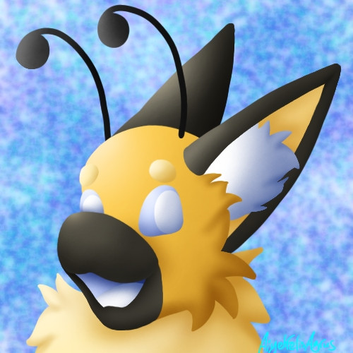 An anthro bee-like character with large pointy ears. This is a closeup icon of the face. Thick black antennae with a ball ontop. Very shaded almost 3d but 2d. 