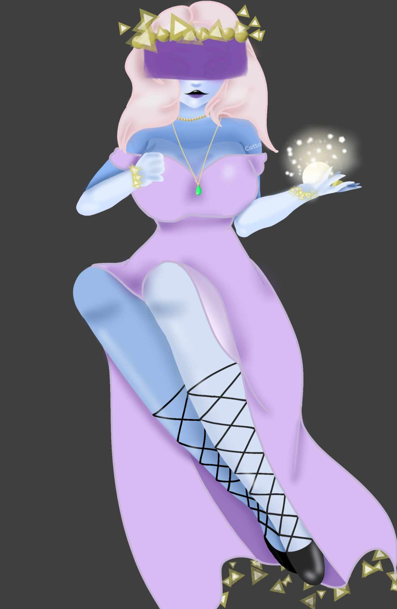 A beautiful Android with a purple dress holding a lightbulb in one hand as it glows brightly.