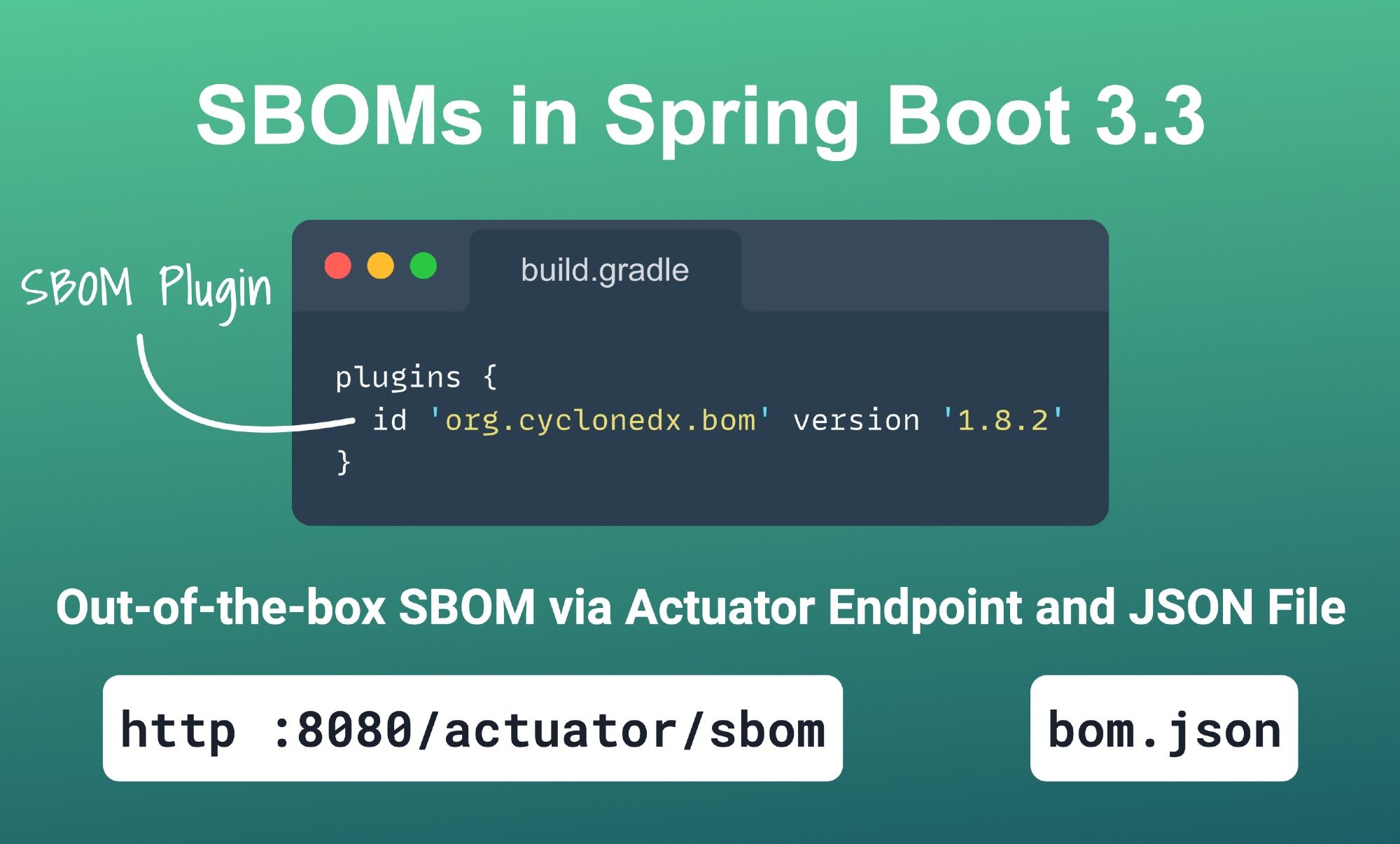 SBOMs in Spring Boot 3.3. Add the CycloneDX plugin to your build.gradle file. Then, you'll get out-of-the-box SBOM via Actuator Endpoint and JSON File.