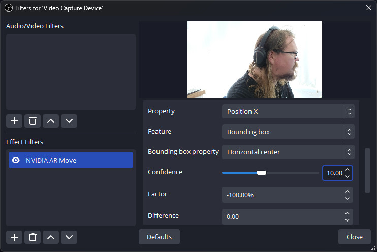 OBS source filter window with NVIDIA AR Move filter showing the new Confidence setting