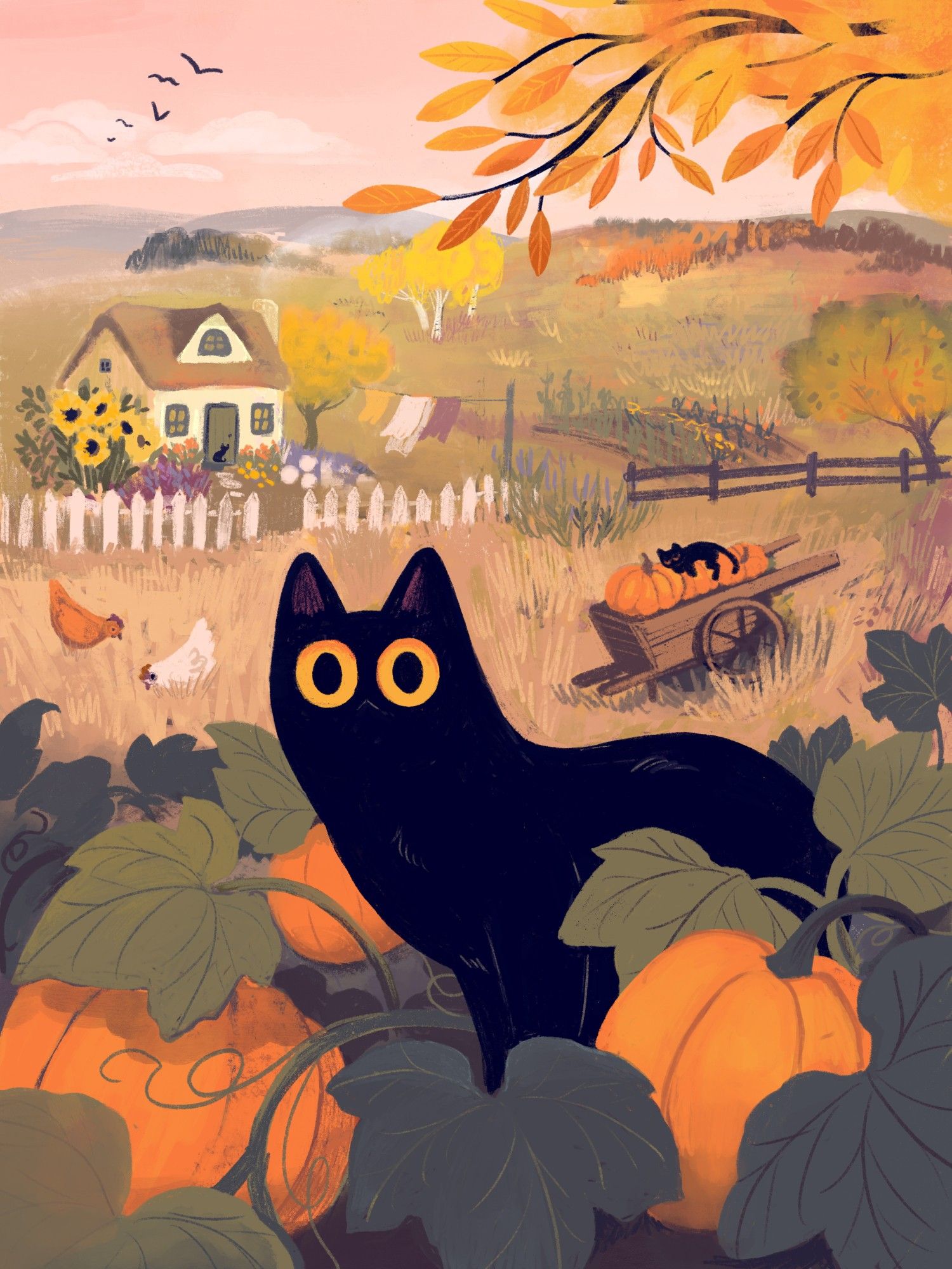 a painting of a black cat with big round eyes sitting in a pumpkin patch. in the background we can see a countryside landscape with fields and a small cottage. there are chickens in the grass nearby and a wheelbarrow filled with pumpkins with a black cat sleeping on them. there's also a black cat in front of the house door in the distance. the color palette is warm oranges, pinks, yellows and muted greens.