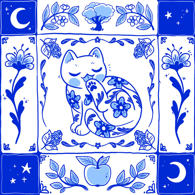 Drawing of a porcelain tile style white and blue cat surrounded by stylized plants - cat is grooming its paw