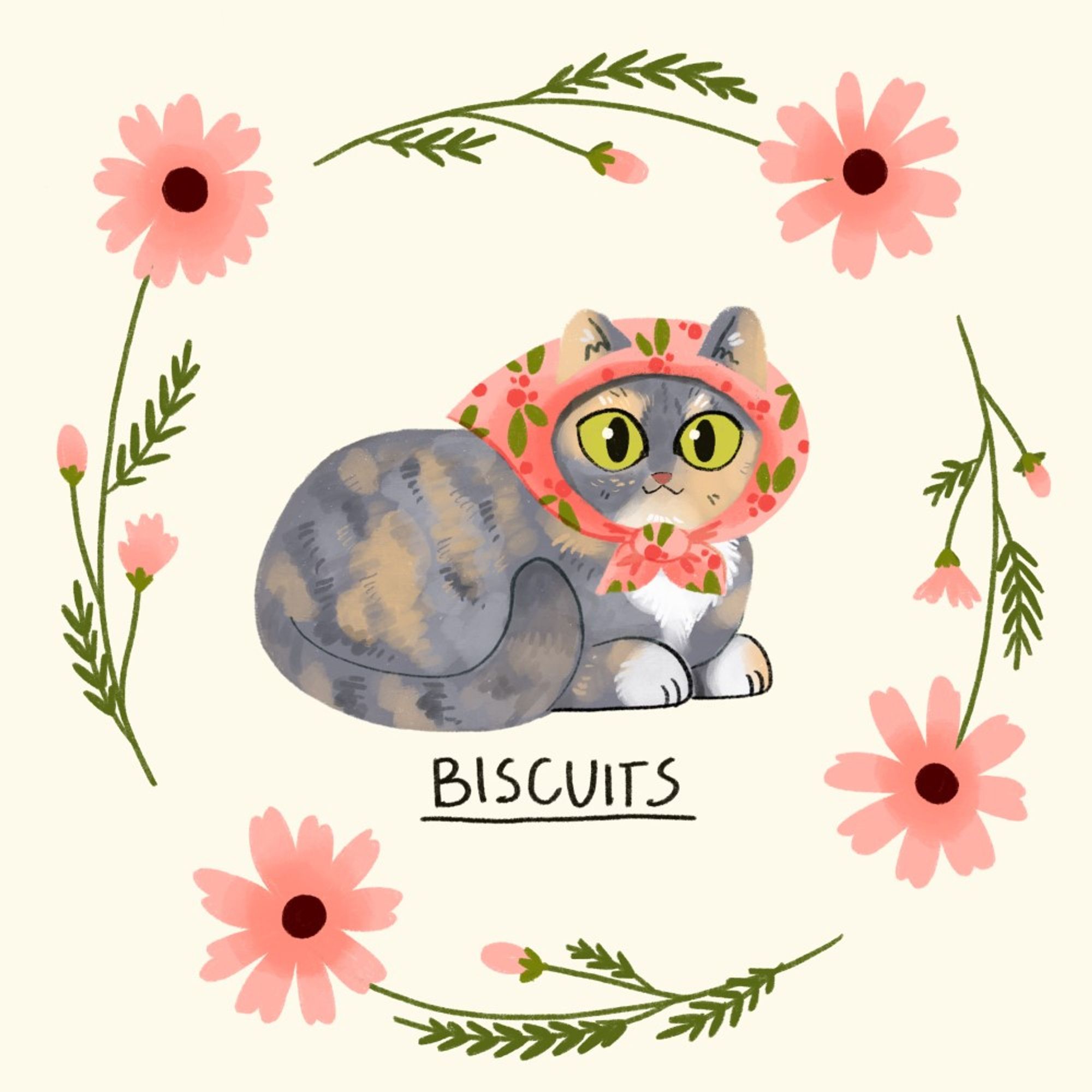 Drawing of a grey tortoiseshell cat named Biscuits in a babushka scarf surrounded by pink flowers