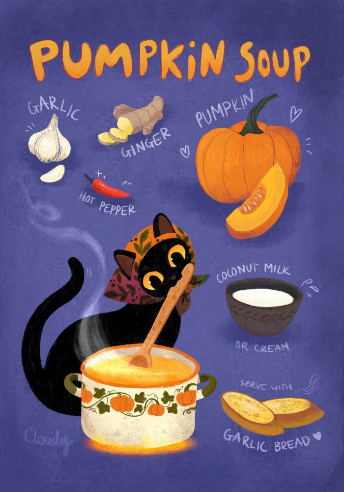 drawing of a black cat with a babushka headscarf stirring a pot of pumpkin soup with a wooden spoon she's holding with her teeth. she's surrounded by labeled pumpkin soup ingredients like garlic, ginger, hot pepper, pumpkin, coconut milk or cream, and garlic bread to serve with the soup.