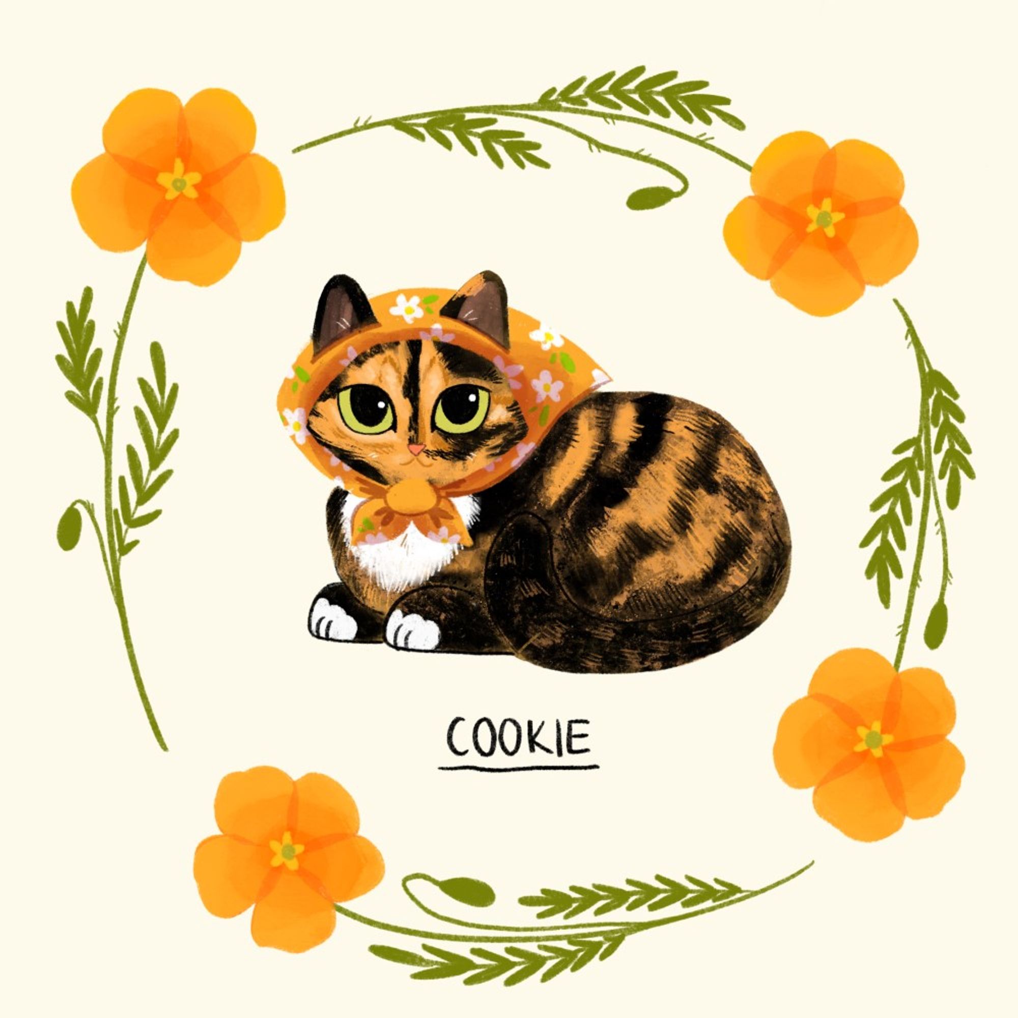 Drawing of a tortoiseshell cat named Cookie in a babushka head scarf surrounded by orange flowers