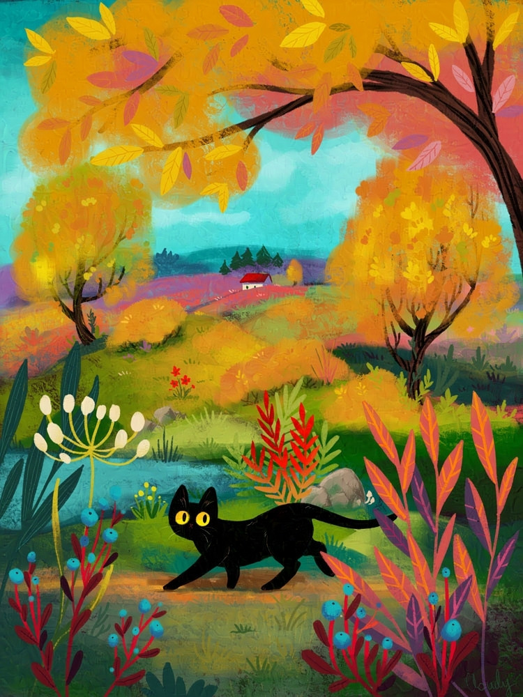 Drawing of a black cat strolling through a colorful early autumn landscape