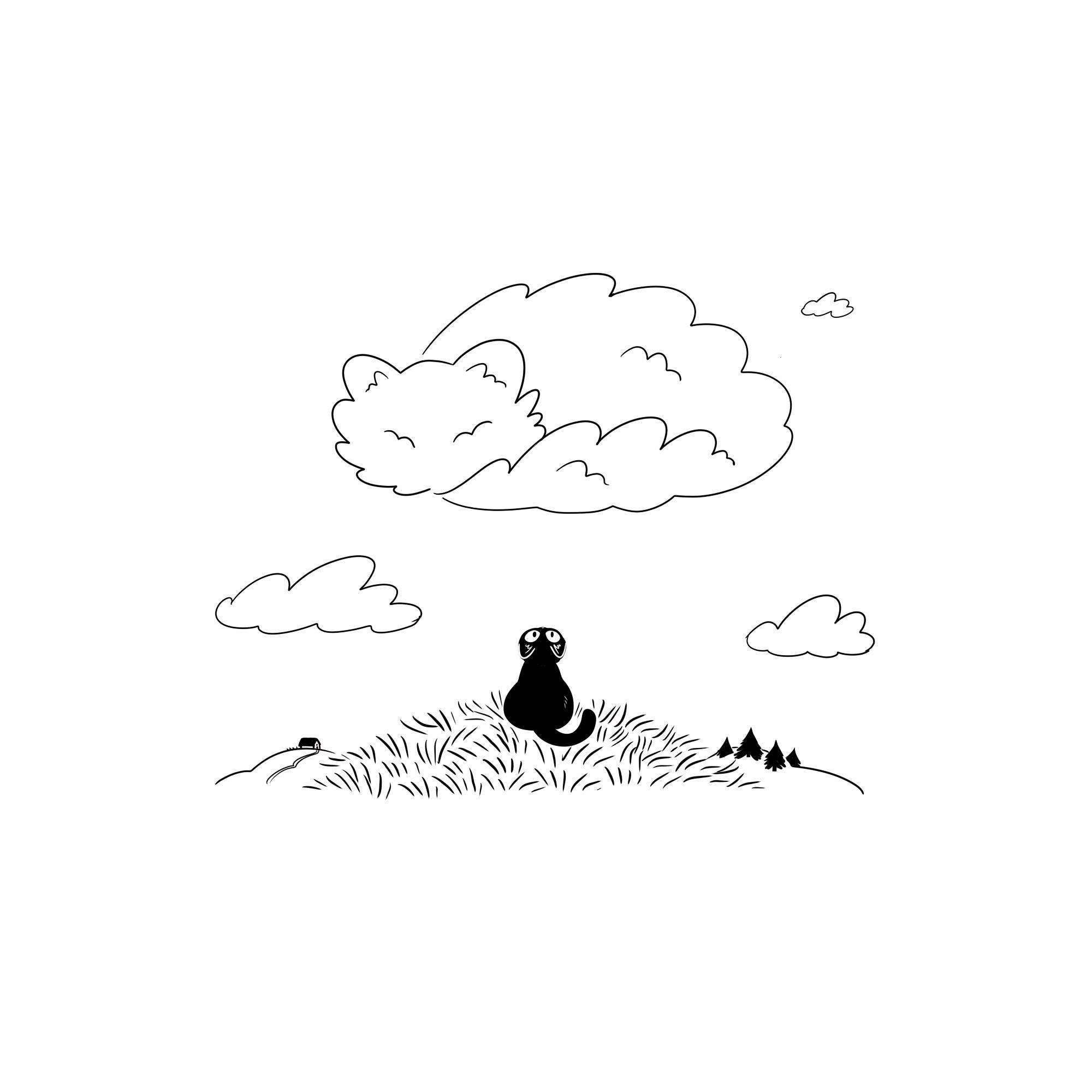 a black and white line drawing of a black cat gazing at the sky at the cloud shaped like a sleeping cat