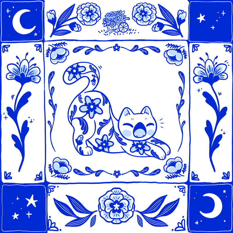 Drawing of a porcelain tile style white and blue cat surrounded by stylized plants - cat is streaching and yawning