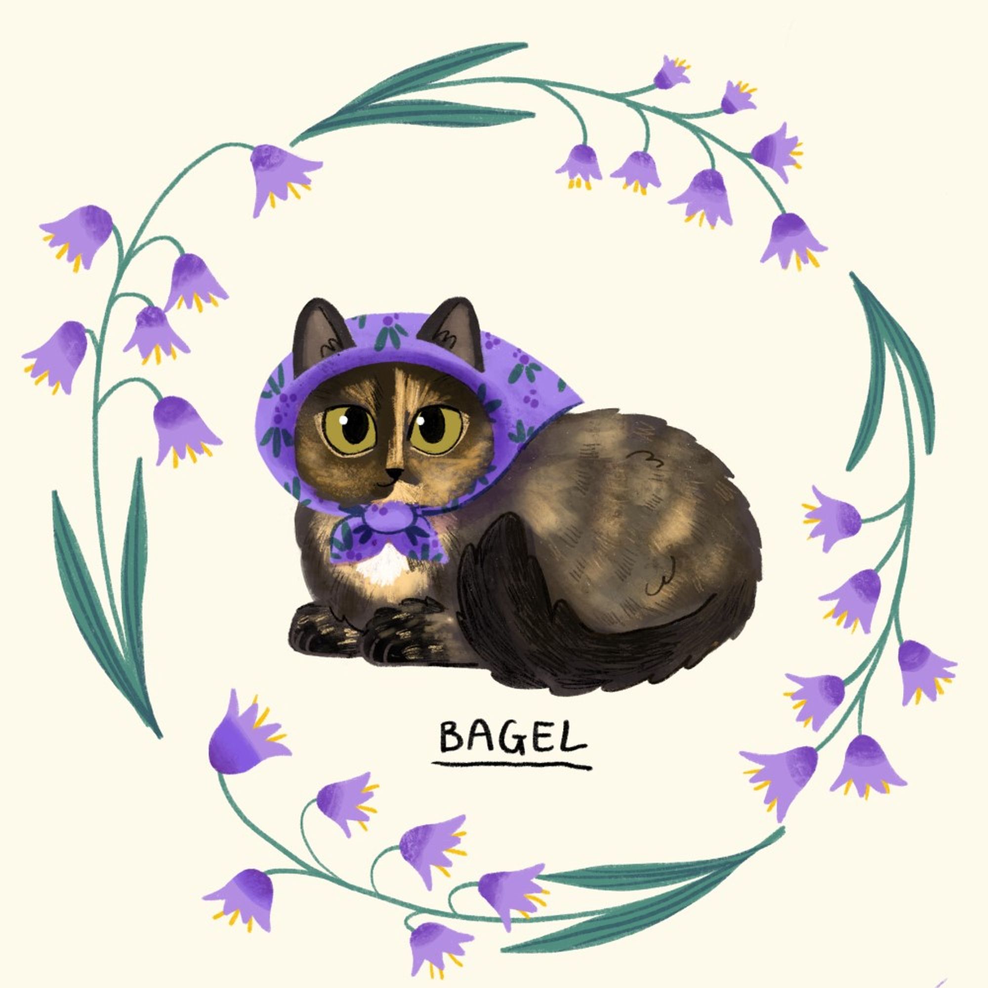 Drawing of a tortoiseshell cat named Bagel in a babushka scarf surrounded by purple flowers