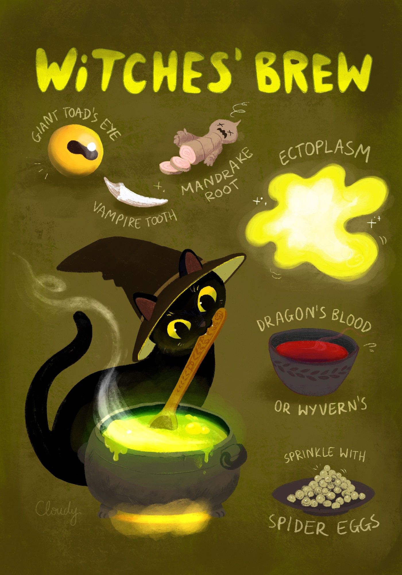 drawing of a black cat with a witch hat stirring a cauldron of some bubbly green concoction with a wooden spoon she's holding with her teeth. she's surrounded by various labeled ingredients like giant toad's eye, vampire tooth, mandrake root, ectoplasm, dragon's or wyvern's blood and spider's eggs (to sprinkle on top). It's a spooky redrawing of my pumpkin soup illustration.