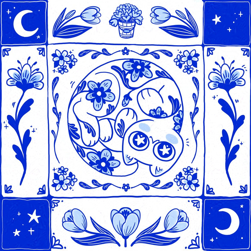 Drawing of a porcelain tile style white and blue cat surrounded by stylized plants - cat is rolled up in a circle, looking up