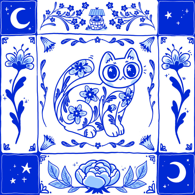 Drawing of a porcelain tile style white and blue cat surrounded by stylized plants - cat is sitting and looking ahead