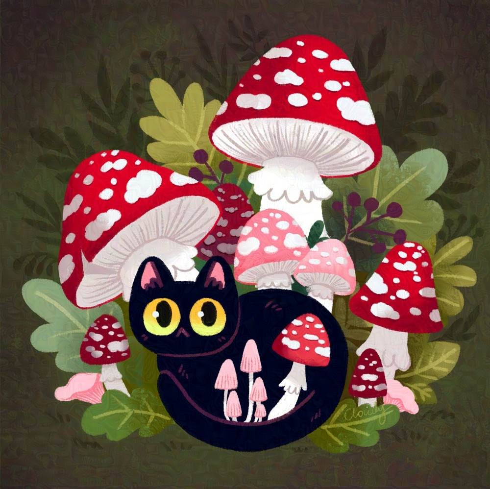 
a drawing of a black cat surrounded by red mushrooms