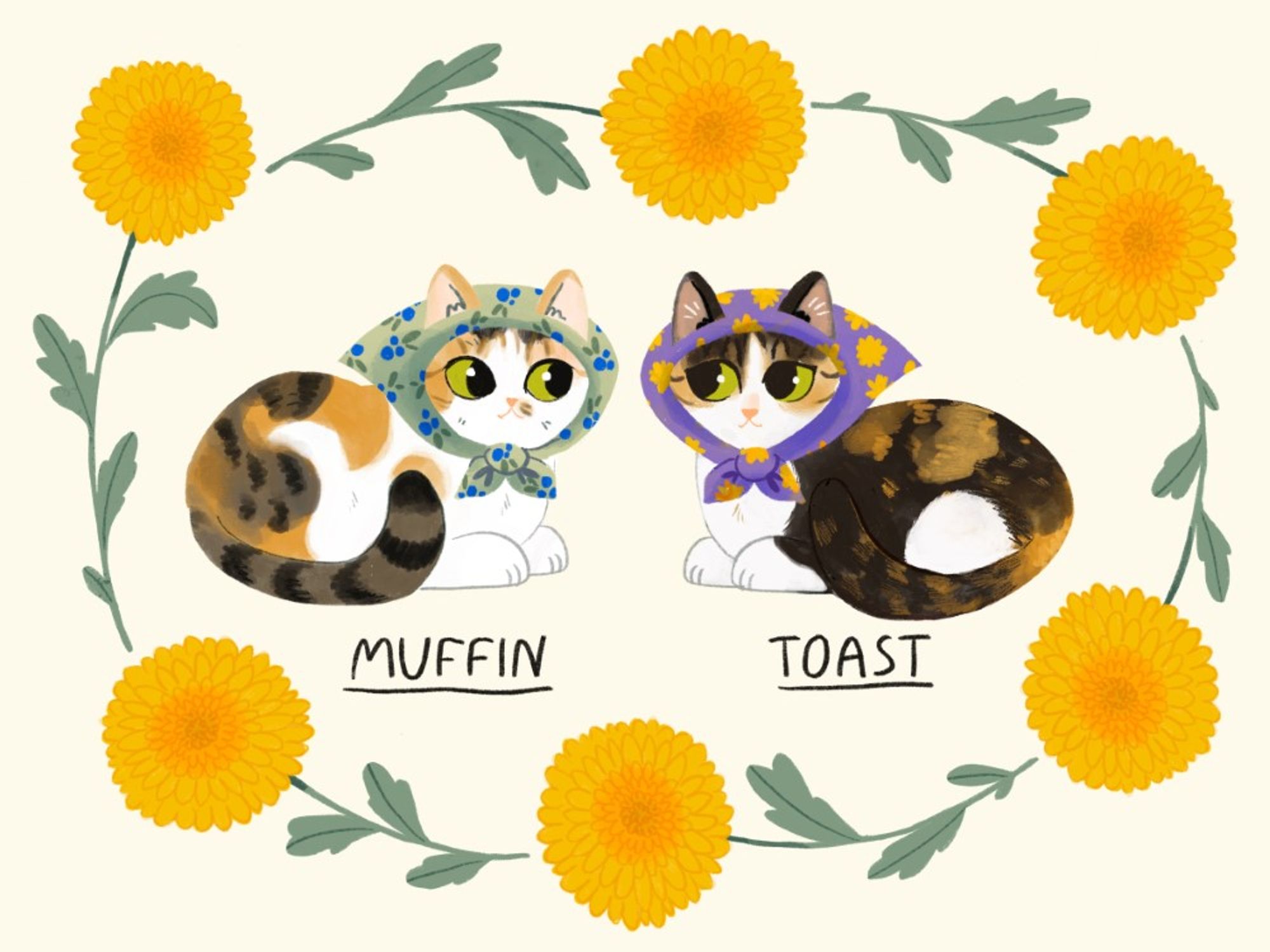 Drawing of two calico cats named Muffin and Toast in babushka scarves surrounded by yellow flowers