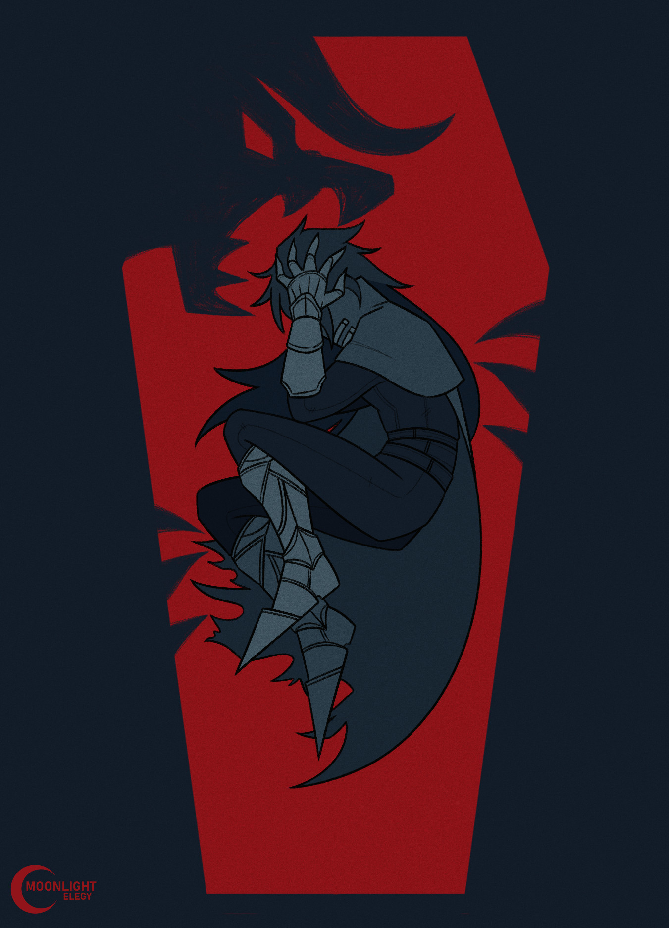 A side view of Vincent Valentine as he is curled up and clutching his head. He is boxed in by a saturated red coffin shape. The dark blue background behind this seeps over into the coffin to give a silhouette of Galian Beast ready to bite him.