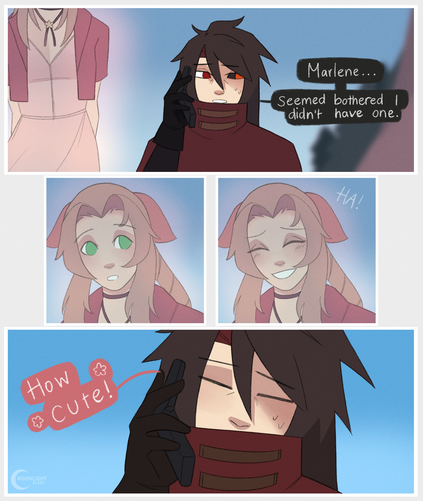 A comic page with four panels. The first one is a head-on view of Vincent talking on the phone - "Marlene... Seemed bothered I didn't have one." as Aerith's ghost stands off to the side. The second and third panels are close ups of Aerith as she at first looks shocked and confused, but in the next panel is laughing as the realisation of what he'd said hits her. The final panel is Vincent looking tired and slightly embarrassed as Aerith's voice through the phone calls out "How cute!" 