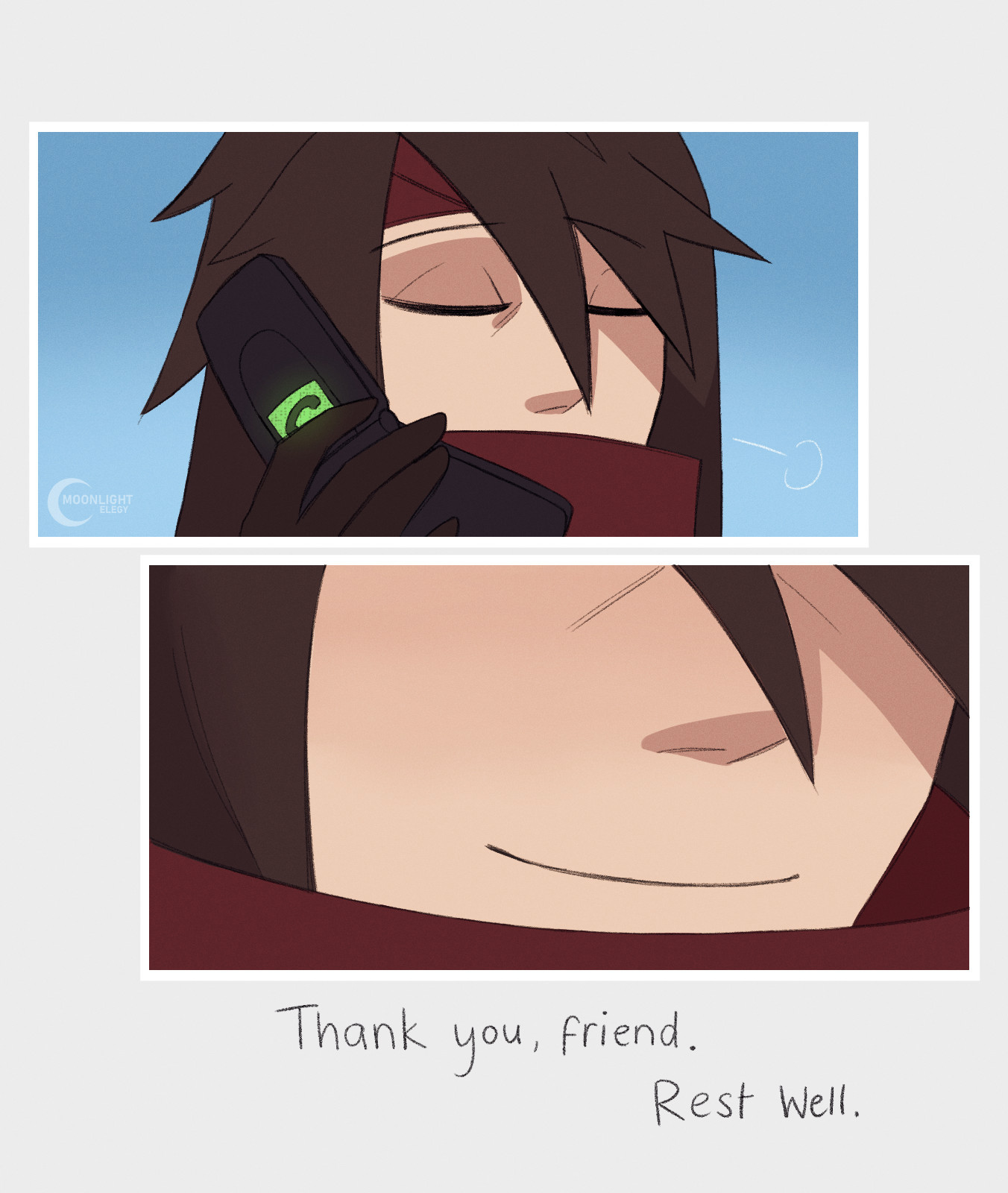 A comic page with two panels. The top one is Vincent sighing slightly with the phone held up to his ear. The bottom one is a close up of his lower face, showing him smiling. The text below it reads "Thank you, friend. Rest well."