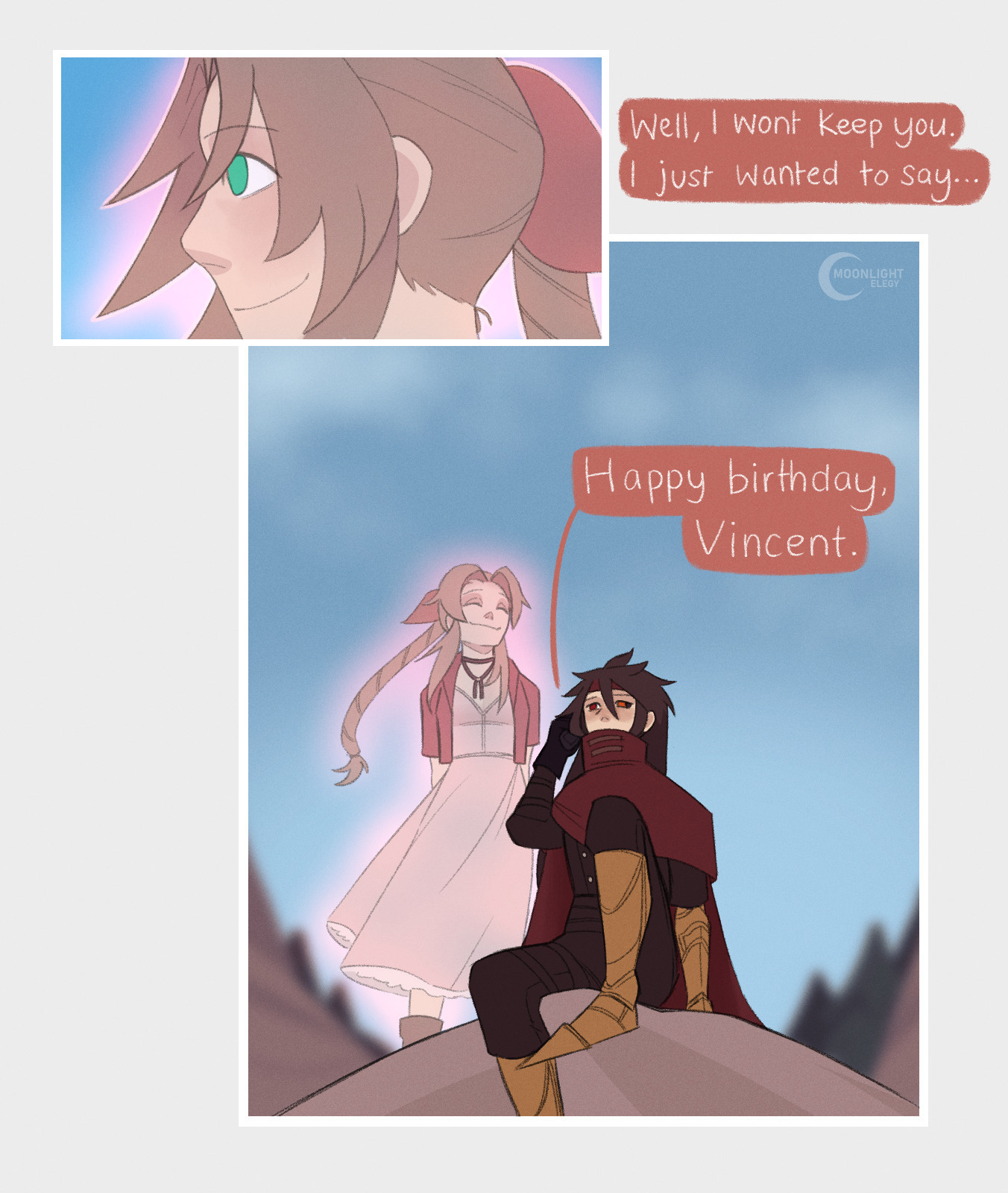 A comic page with two panels. The smaller top panel is a side view of Aerith's face, with the speech "Well, I won't keep you. I just wanted to say..." to the right of it. The main bigger panel is a low perspective view of Vincent and Aerith at the cliff edge as Aerith's voice through the phone says "Happy birthday, Vincent." 