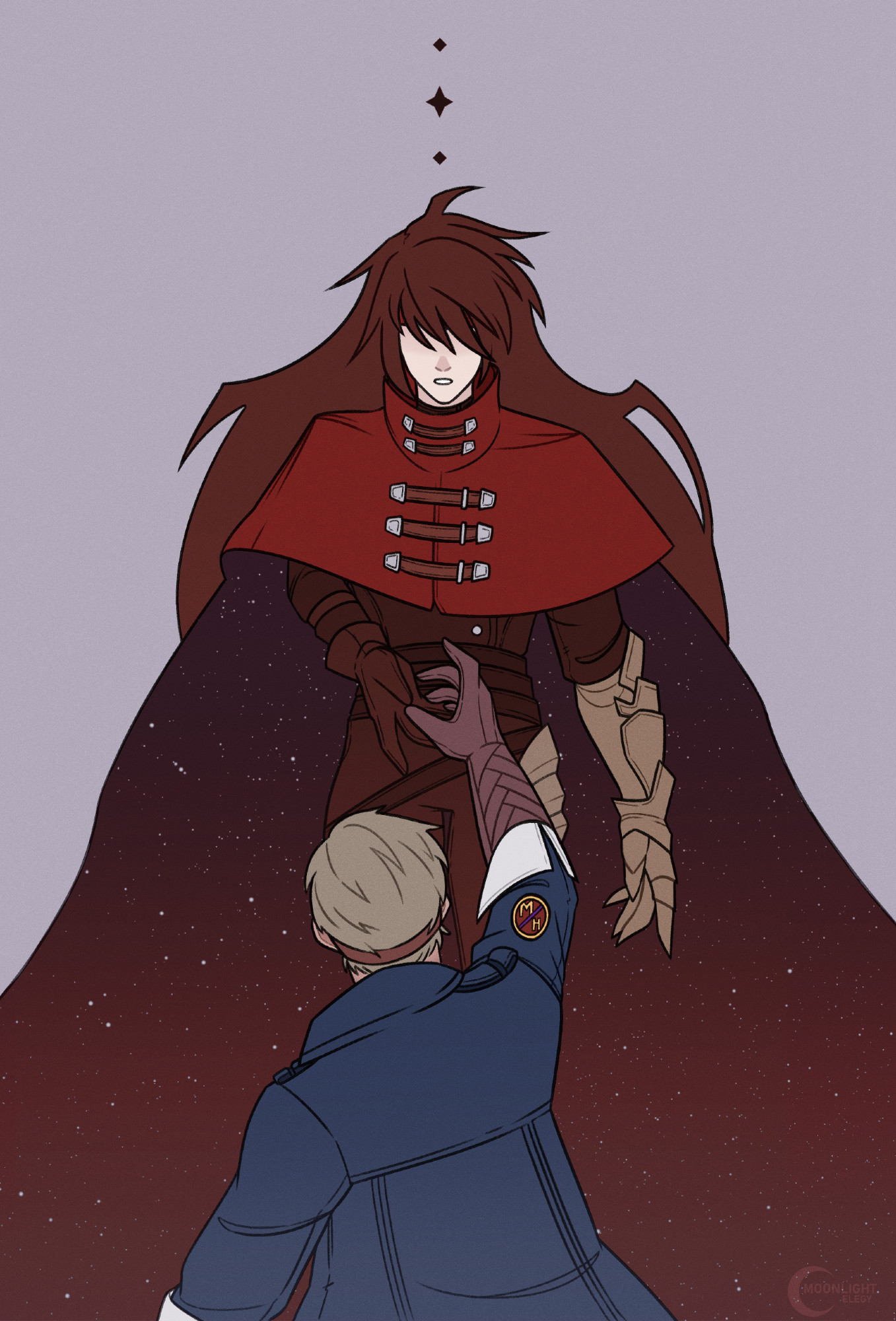 A portrait drawing of Vincent Valentine and Cid Highwind. Vincent is descending downward as Cid reaches up to take his hand. The inside of Vincent's cape is lined with stars.