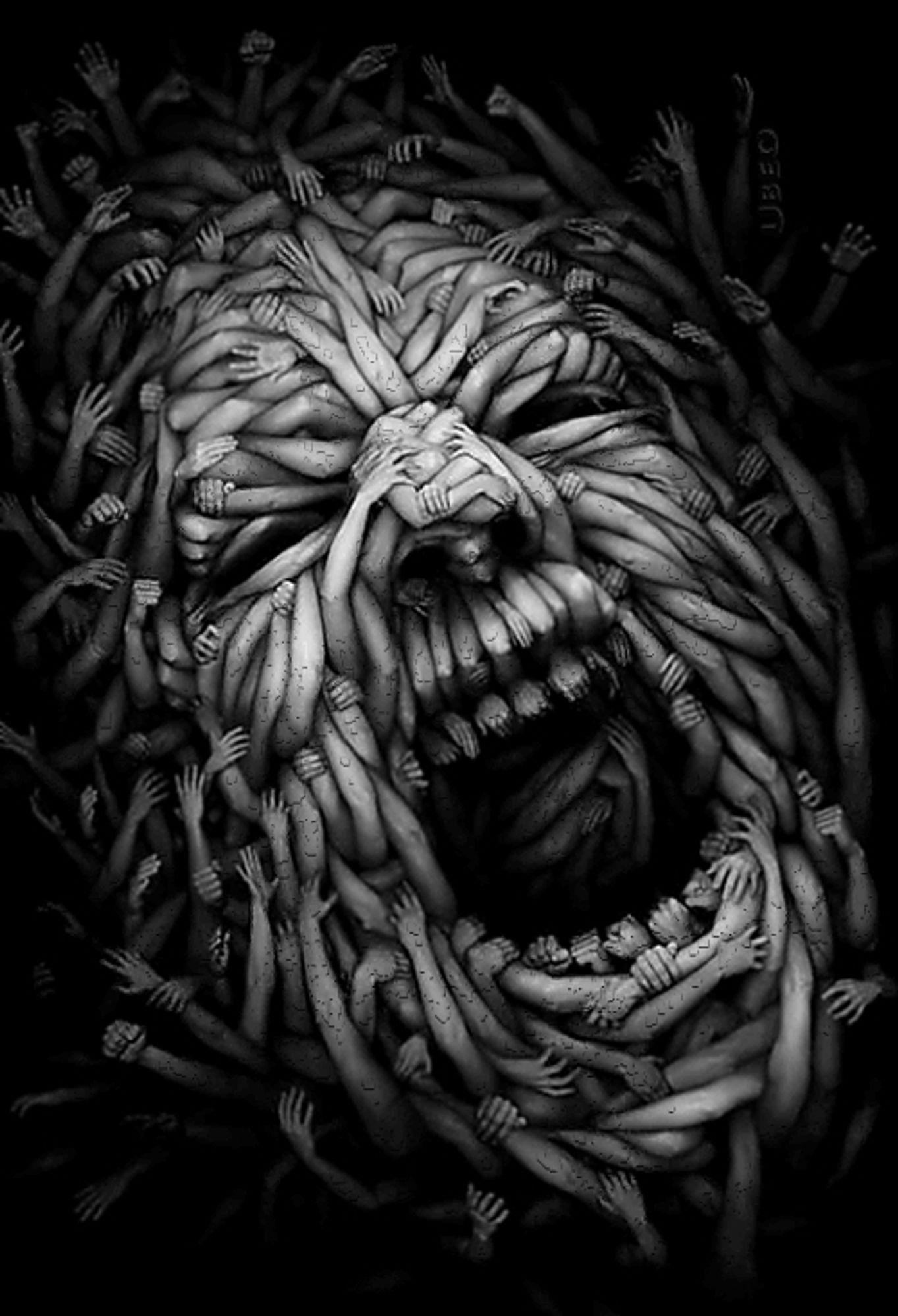 A picture of a head composed of a bunch of arms & hands undulating slowly