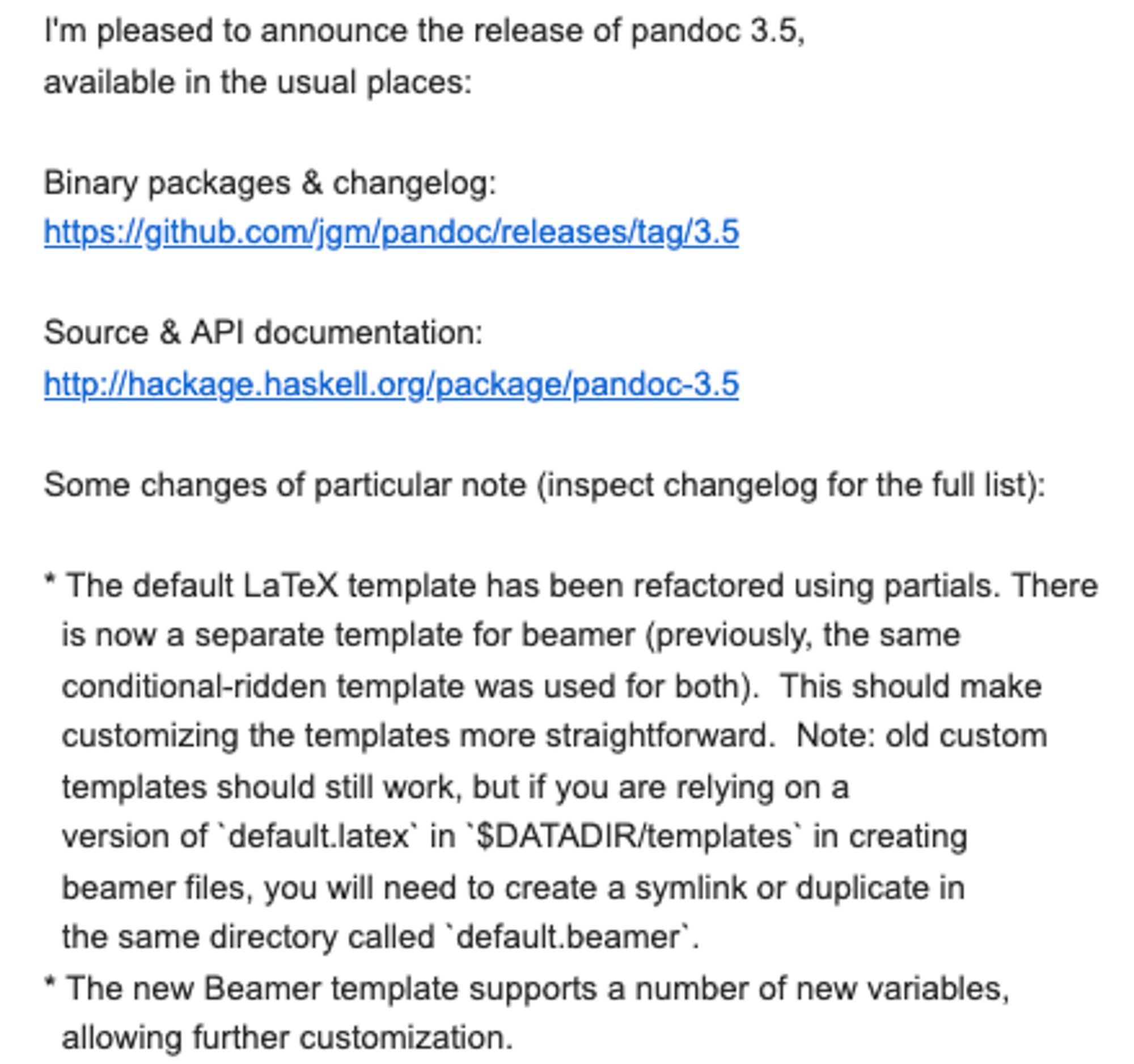 screenshot of e-mail from John Macfarlane announcing pandoc 3.5 with another rewrite of the LaTeX template