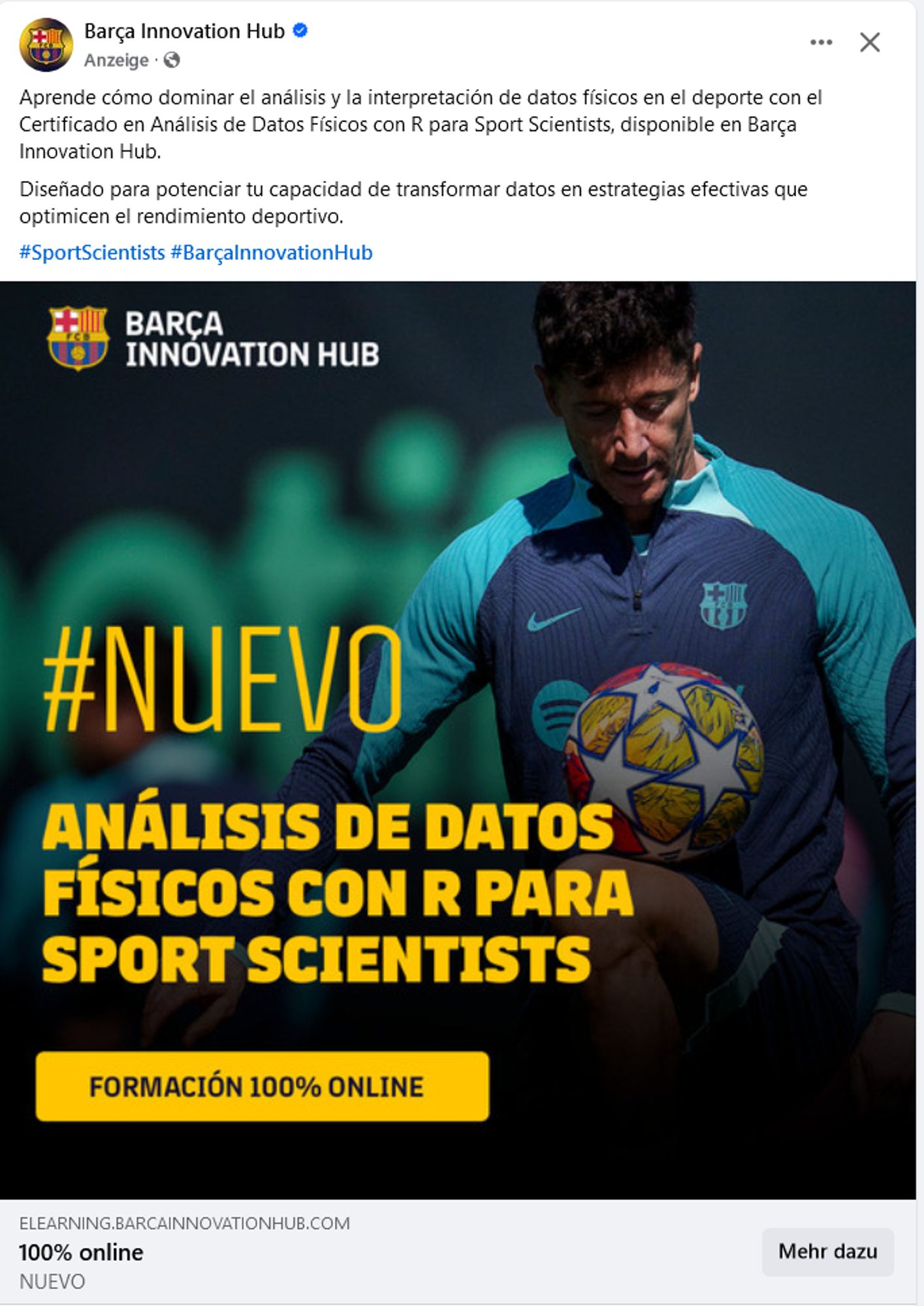 Werbeanzeige des Barça Innovation Hub zu sportwissenschaftlichen Fragen mit Robert Lewandowski.