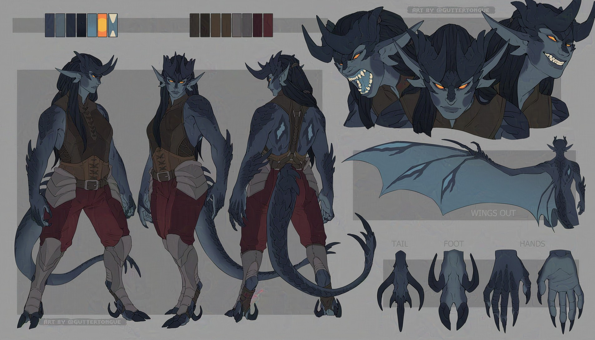 A reference sheet of a fictional character. She is a powerfully built humanoid with draconic features—her skin is blue, with tough, pointed scales protecting her shoulders, forearms, and other parts of her body. She has a long tail with a spiked club at the end, digitigrade feet with a pair of clawed toes and wickedly curved dewclaws, long pointed ears, and horns. Her hair is long, dark, and draped around one shoulder. She wears a brown leather vest, crimson pants, and metal hip guards and greaves. Her eyes are yellow. The reference sheet consists of three full-body illustrations of her standing at different angles, three portraits of her making various expressions (ferocious snarl, glowering gaze, malicious grin), a depiction of her from behind with one arm unfurling into a bat-like wing, and detailed images of her tail club and extremities.