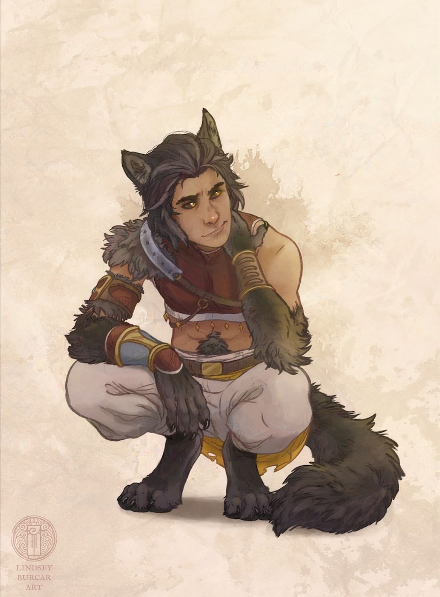 A color portrait of a fantasy character, Anrü. He is humanoid in appearance, but for his wolf-like legs, large bushy tail, fur-covered forearms and hands, and ears. He wears bracers, a dark red top, and white pants secured by a belt. He is in a squatting position, looking to the side contemplatively, his right hand draped across his leg and his left hand upon his chest.