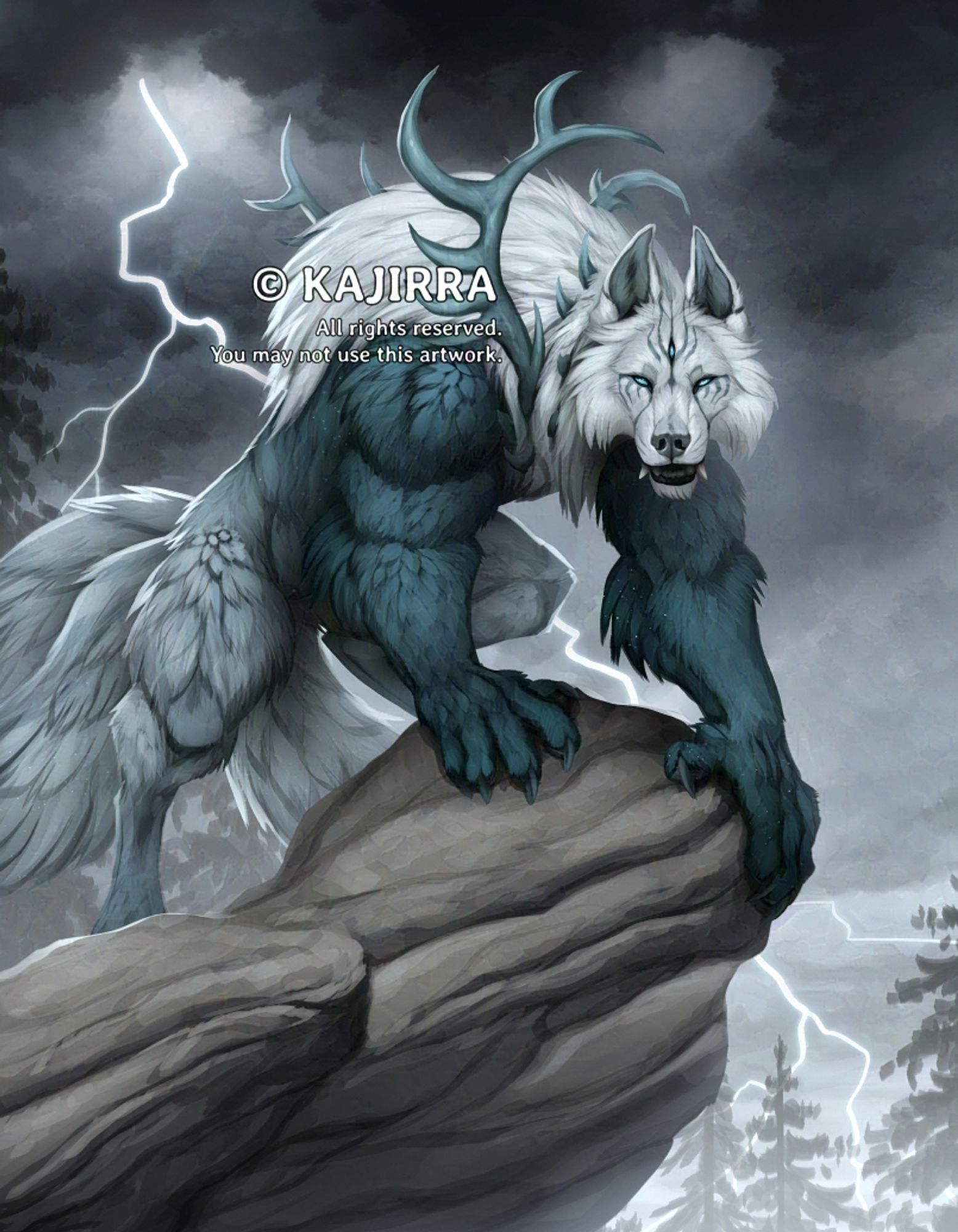 A fantasy illustration of the same werewolf character. He is perched on all fours upon another rocky outcropping above a forest in a bestial stance, his head turned to face the viewer directly. From this angle it is clear that his arms and chest are covered in darker fur, while his head and back are almost pure white. A pair of antler-like horns grows out of a wound in his shoulder. Behind him a storm rages, with bolts of lightning lancing down into the trees.