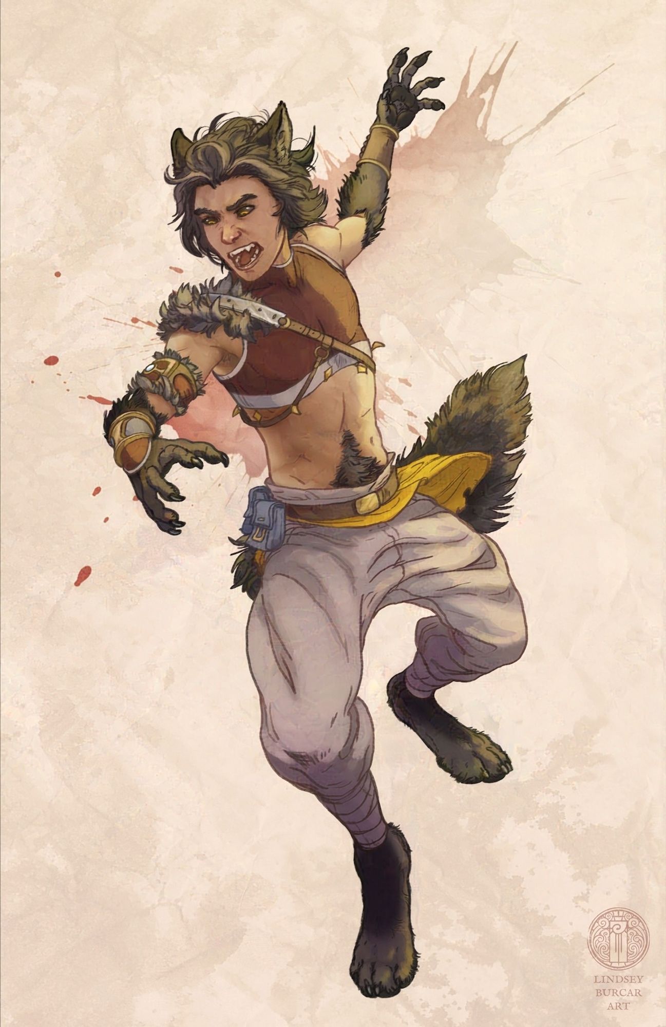 A color portrait of the same fantasy character, Anrü. He is depicted mid-leap, with his left hand drawn back as if in preparation to claw an opponent.