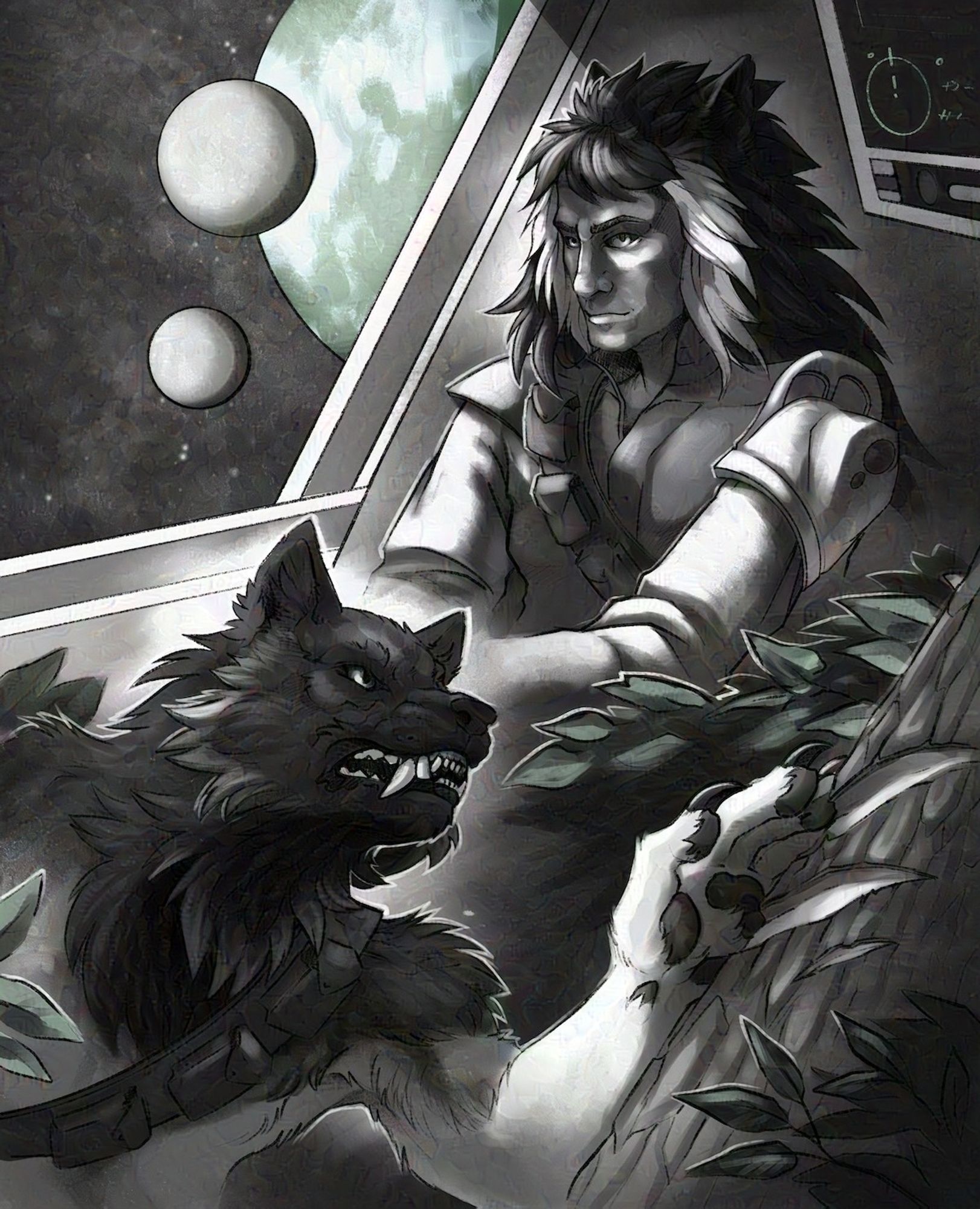 A mostly-grayscale composite illustration of the same character, Keshral. The upper half depicts him in humanoid form, his hair long and bushy, his face lined with age, staring pensively forward. He sits in a starship next to a window, out of which a planet and its moons are visible. The lower half depicts him as a werewolf; he glares toward the right and his left hand rests on a tree trunk with several gouged-out claw marks defacing its bark.