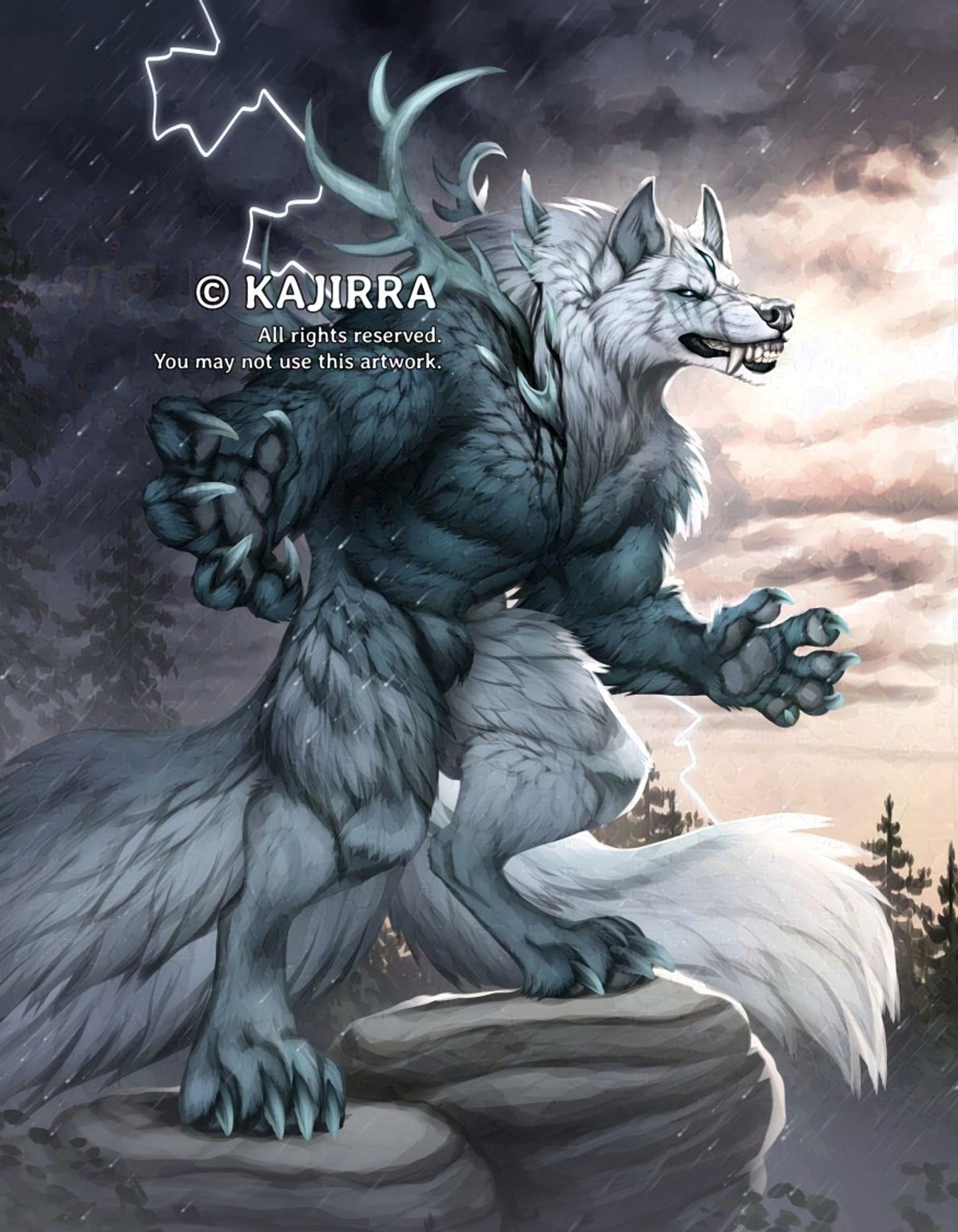 A fantasy illustration of a werewolf-like character. He is perched upon a rocky outcropping above a forest, facing towards the right, his pose aggressive and his fangs bared. His fur ranges from white to dark teal, and he has three fluffy tails swept behind him majestically. He also has a third eye on top of his forehead. Behind him the sky is split between the dark turmoil of a raging thunderstorm and placid clouds illuminated by late afternoon sunlight.