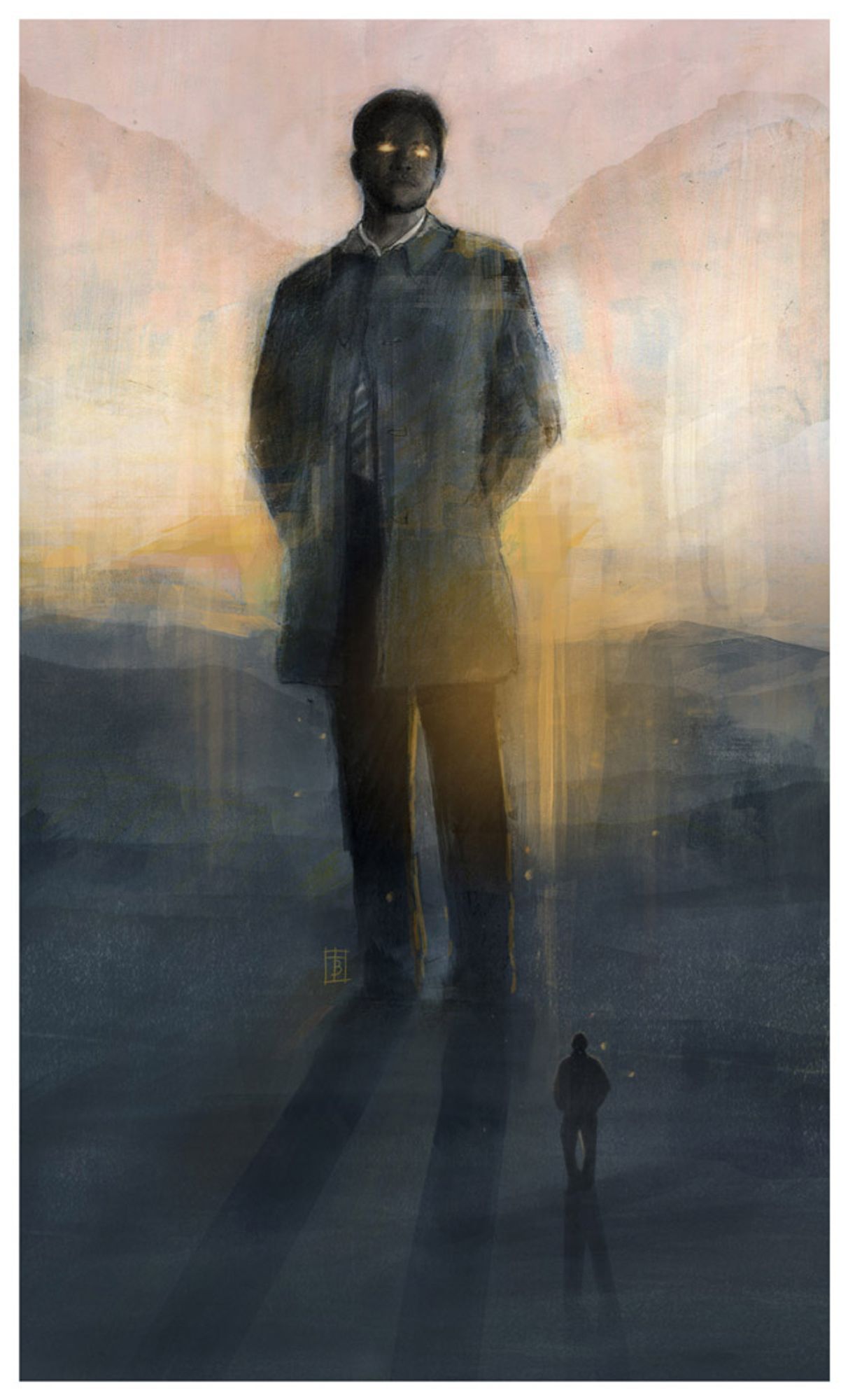 Mixed media artwork of a giant Castiel standing on a hill at sunset, Dean is looking up at him. Castiel's eyes are lit up.