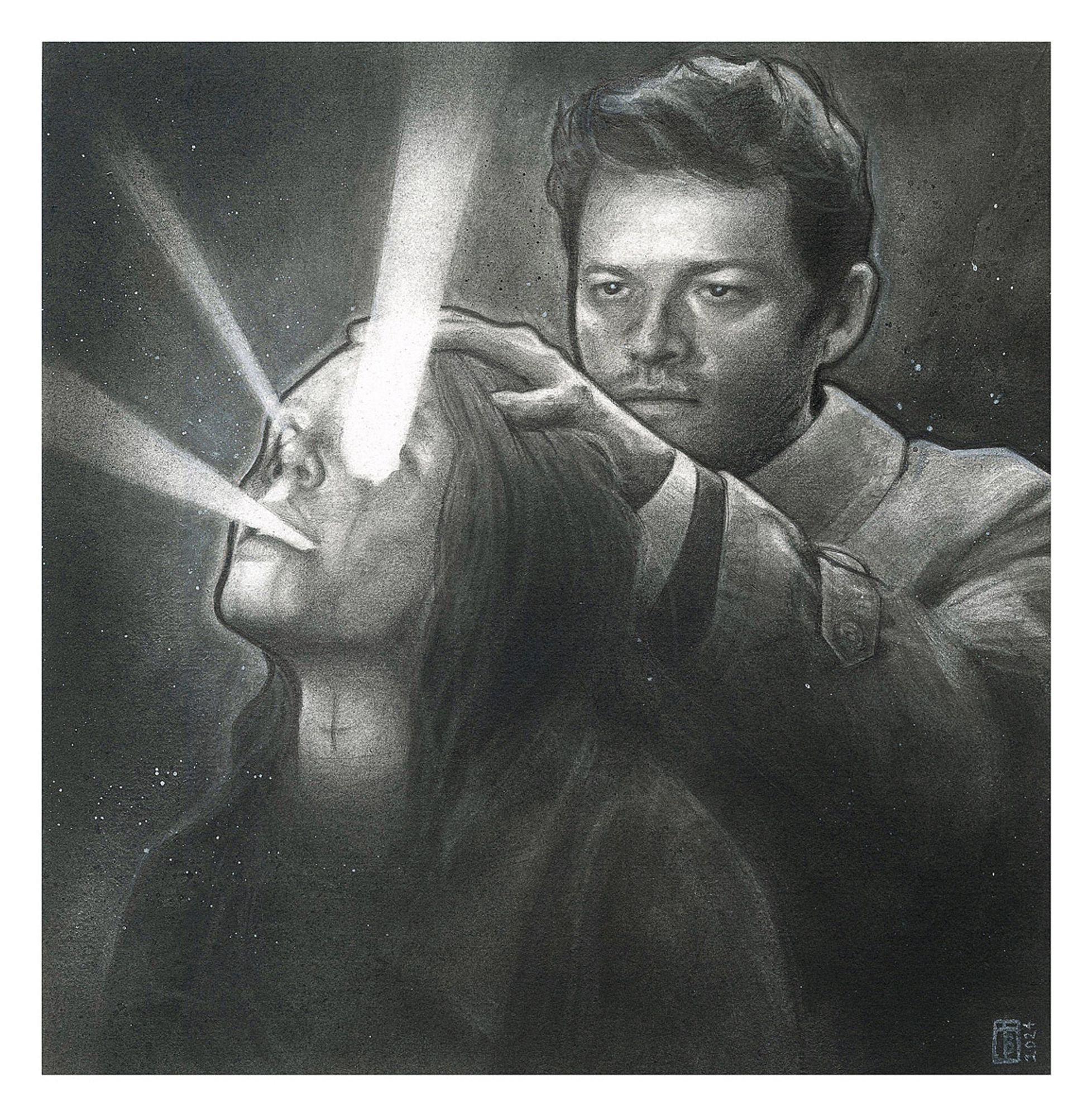 Pencil drawing of the character 'Castiel' from Supernatural, he is stood behind a demon and is smiting her. She has light coming from her mouth and eyes.