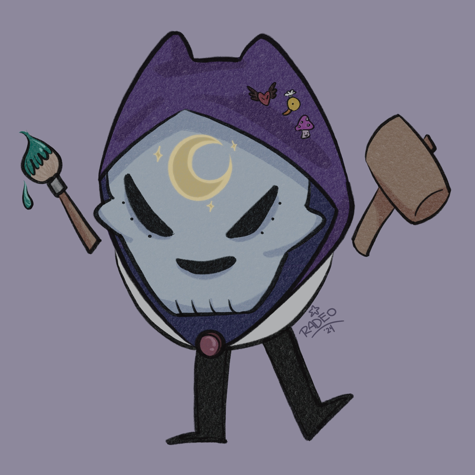 MISSA EGGFONIA! He has a purple hood over his egg and skull face/mask. His skull does have cat-ear like horns that are covered by his hood. On his hood, he has three pins; a hardcore heart with wings, a duck with a chef hat, and a mushroom with a smile. 

Missa’s mask has a moon marking on his forehead , wink wonk. 

Missa carries a paint brush for his paintings, and a wooden hammer for his buildings!