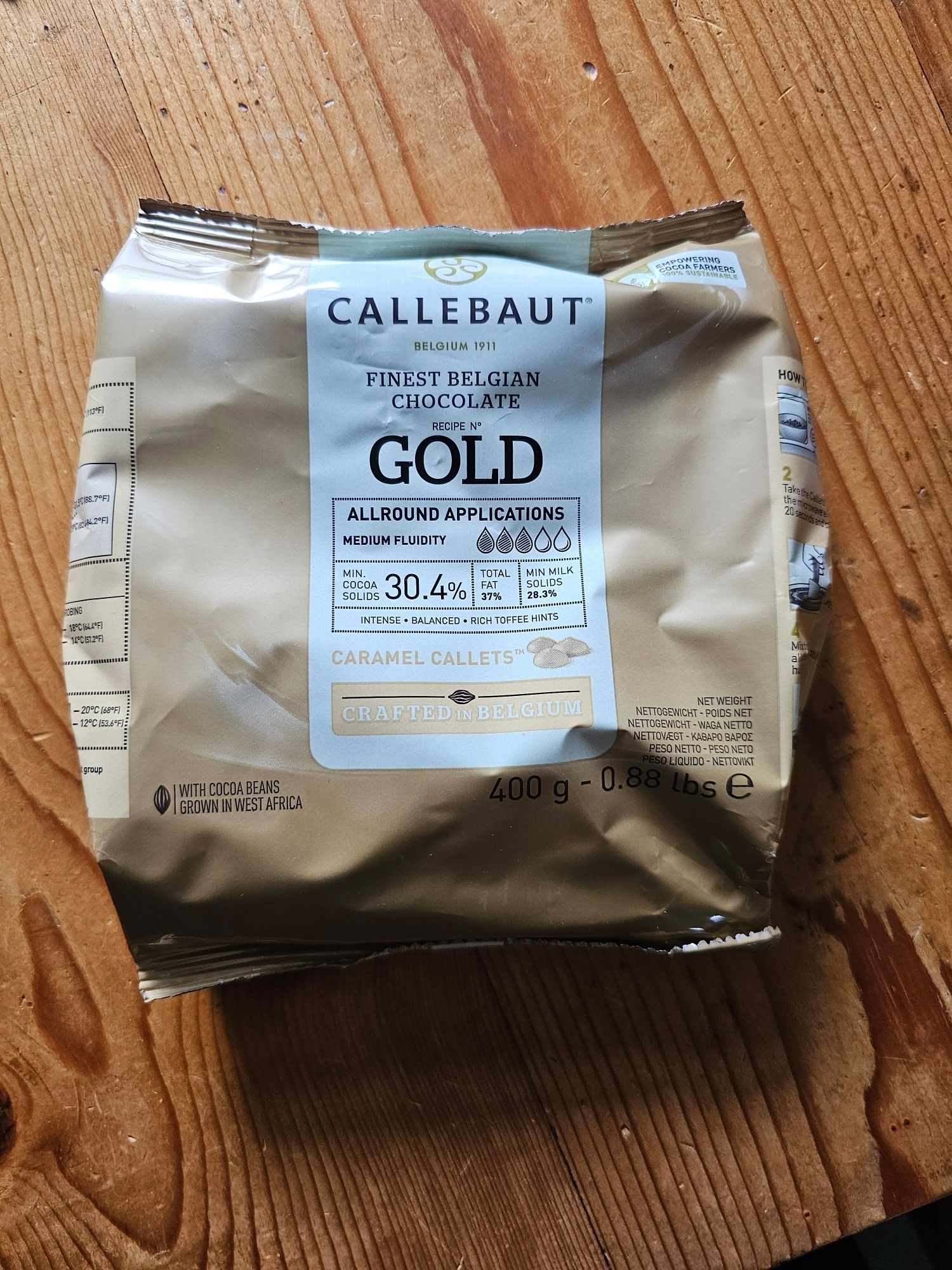 A bag of Callebaut caramel Belgian chocolate callets... called GOLD!