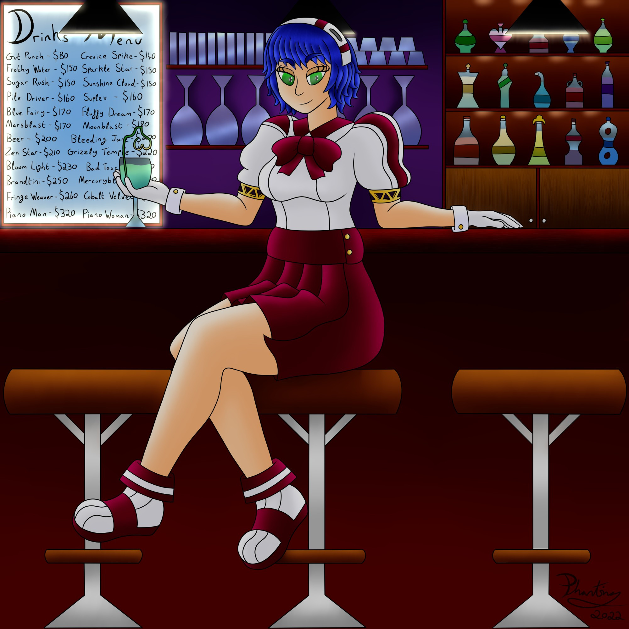 A drawing of my OC Phantina dressed as Dorothy Haze from VA-11 HALL-A. She is sitting at a bar and the menu board behind her lists all the drinks from the game. She is holding a Piano Woman in her hand.